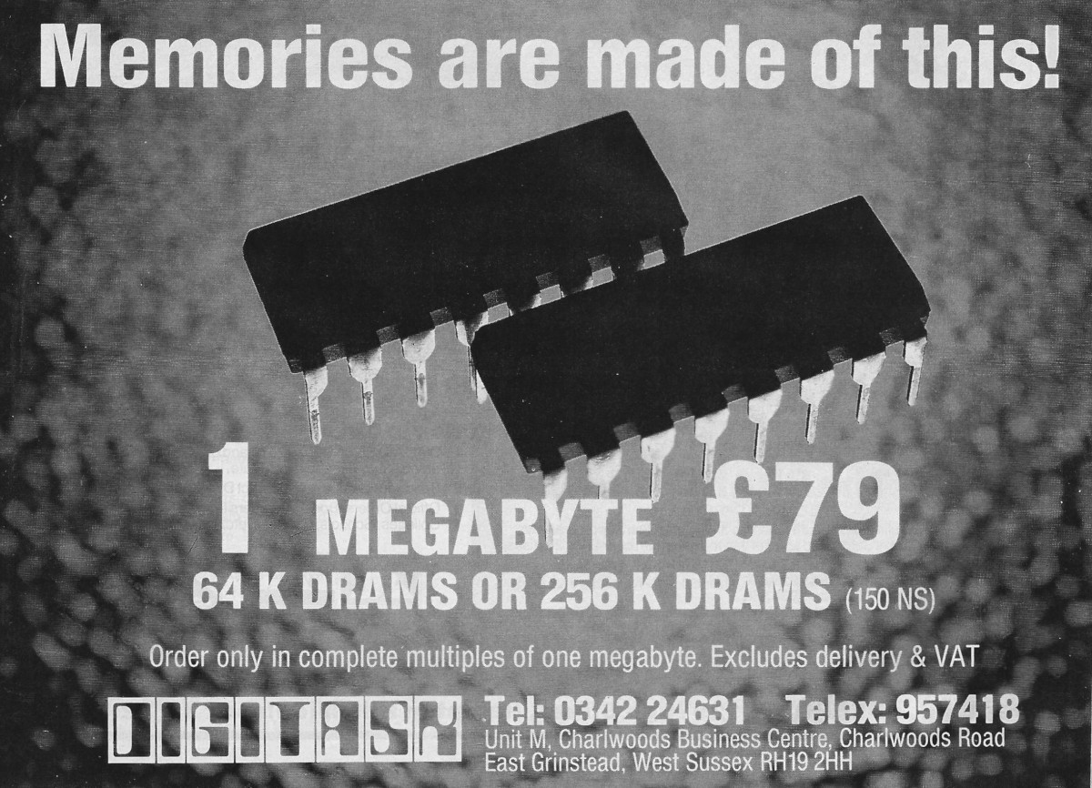 A 256K (kilobit, not byte) dynamic RAM 16-pin DIL memory chip - same size, 64 times the memory density of the 1977 4 kilobit Mostek 4096 mentioned in the main advert. Memory is down to £80,800 a gigabyte. From Personal Computer World, April 1987