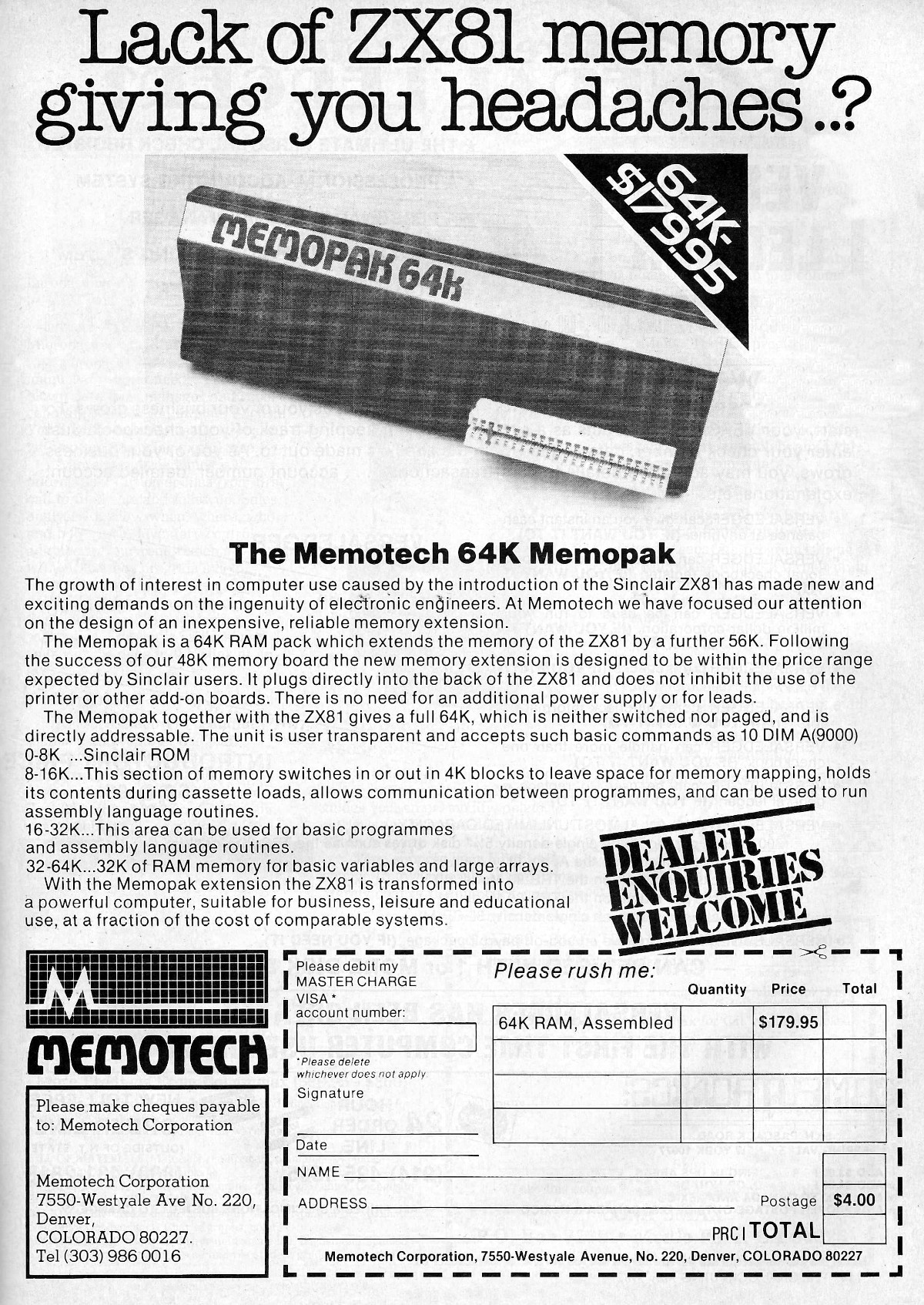 Memotech's US advert for the <span class='hilite'>Memopak 64K</span>, retailing at $179.95. From Personal Computing, May 1982