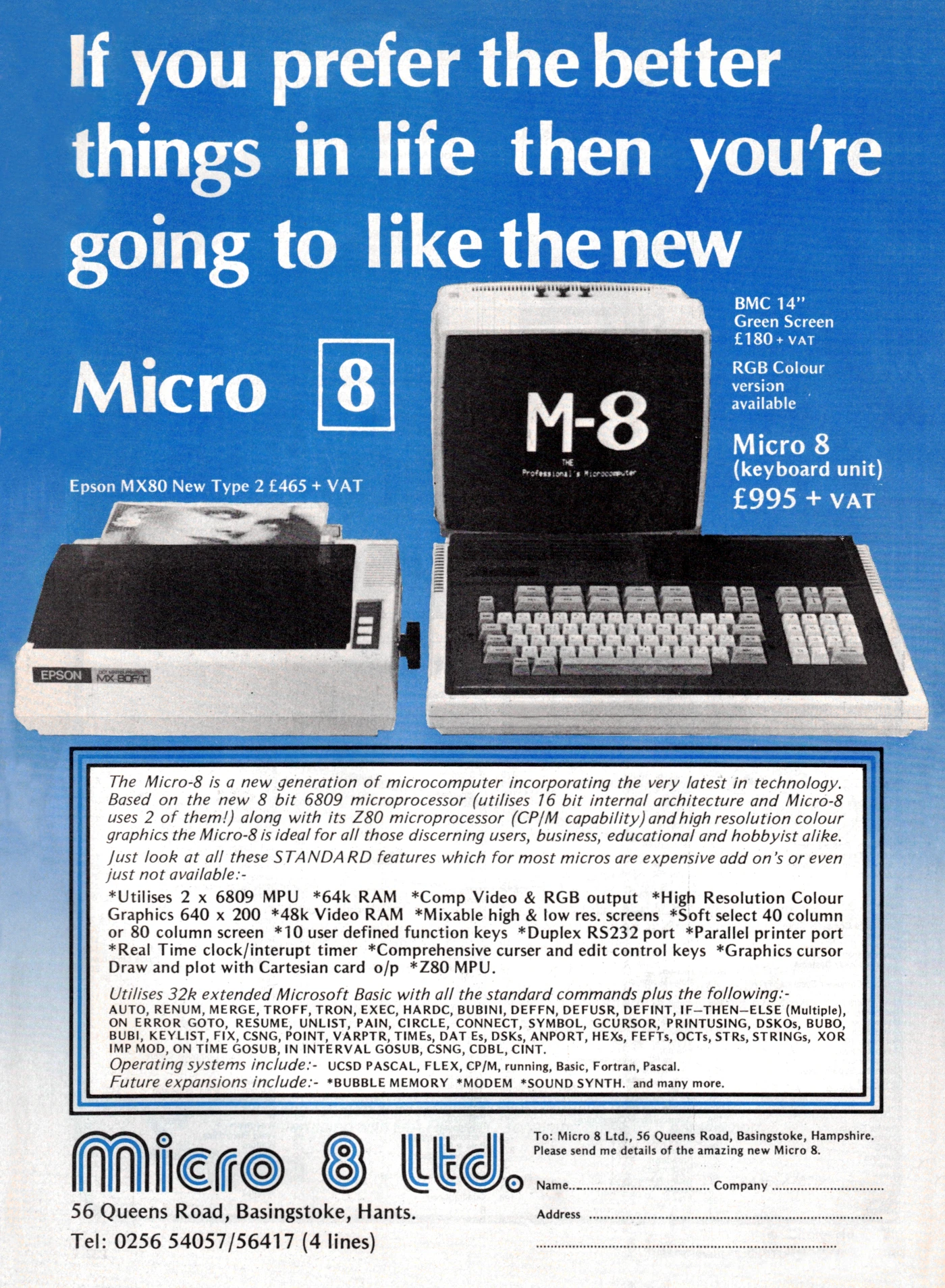 Micro 8 Advert: If you prefer the better things in life then you're going to like the new Micro 8, from Practical Computing, January 1982