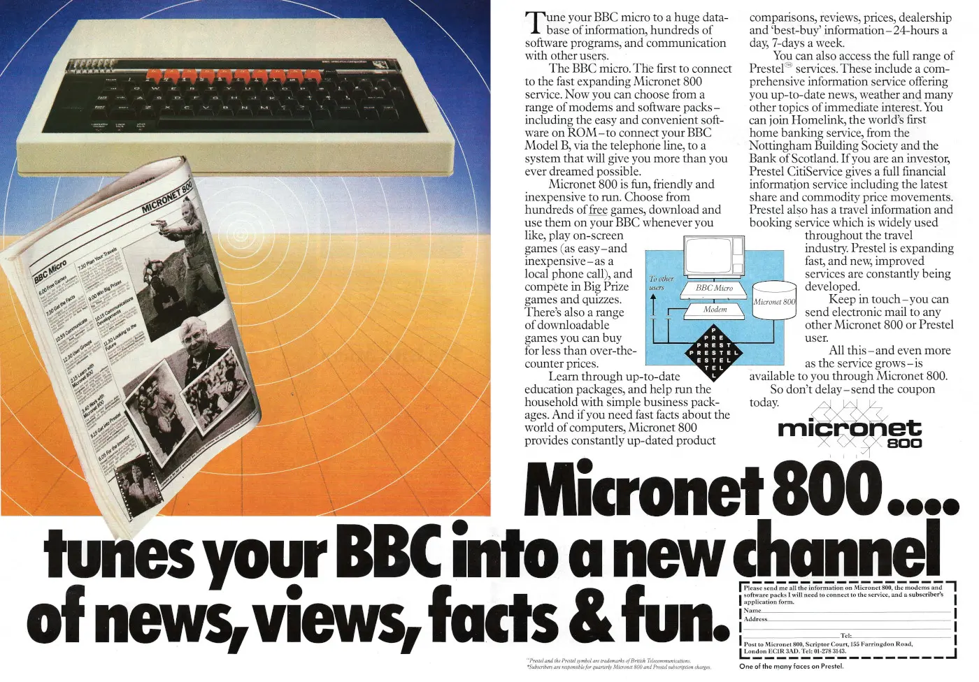 Micronet Advert: Micronet 800: Tunes your BBC into a new channel of news, views, facts and fun, from Electronics and Computing Monthly, November 1983