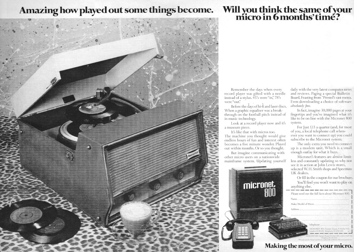  Another Micronet advert, from July 1984's Your Computer - featuring a Dansette record player