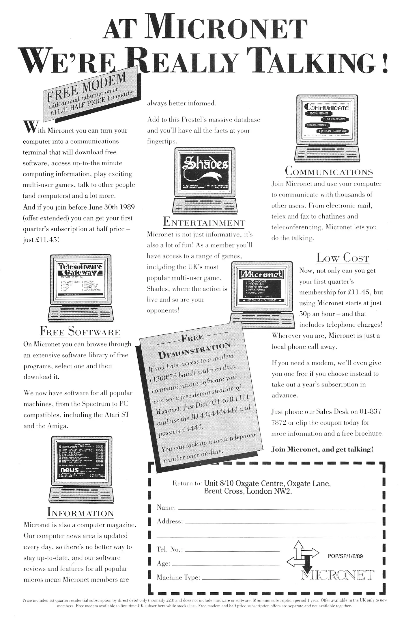 Micronet Advert: At Micronet we're really talking, from Popular Computing Weekly, 1st June 1989