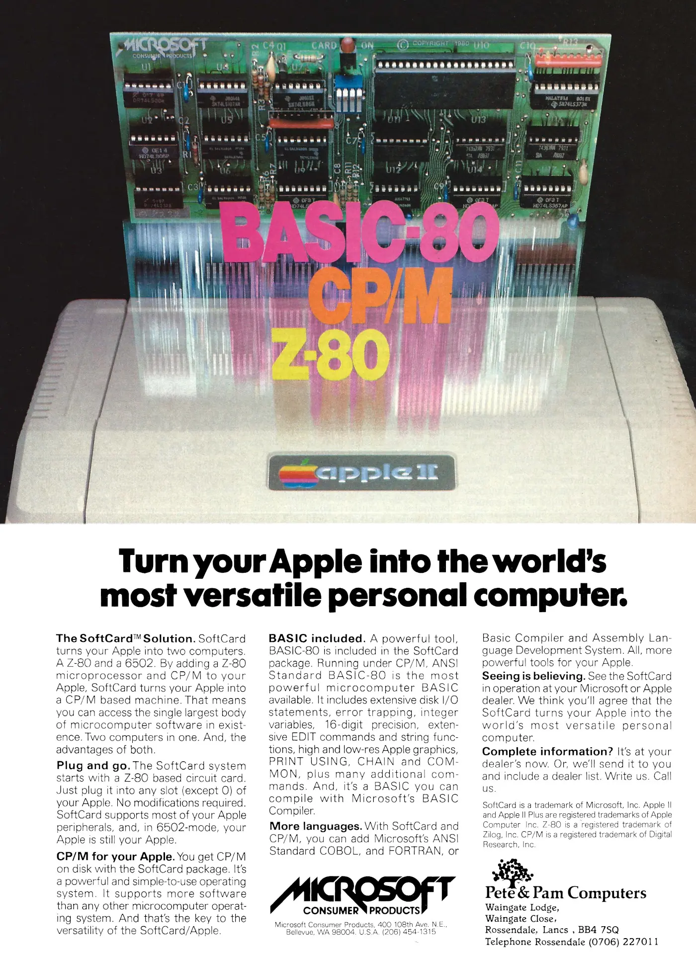 Microsoft Advert: Turn your Apple into the world's most versatile personal computer., from Personal Computer World, November 1981