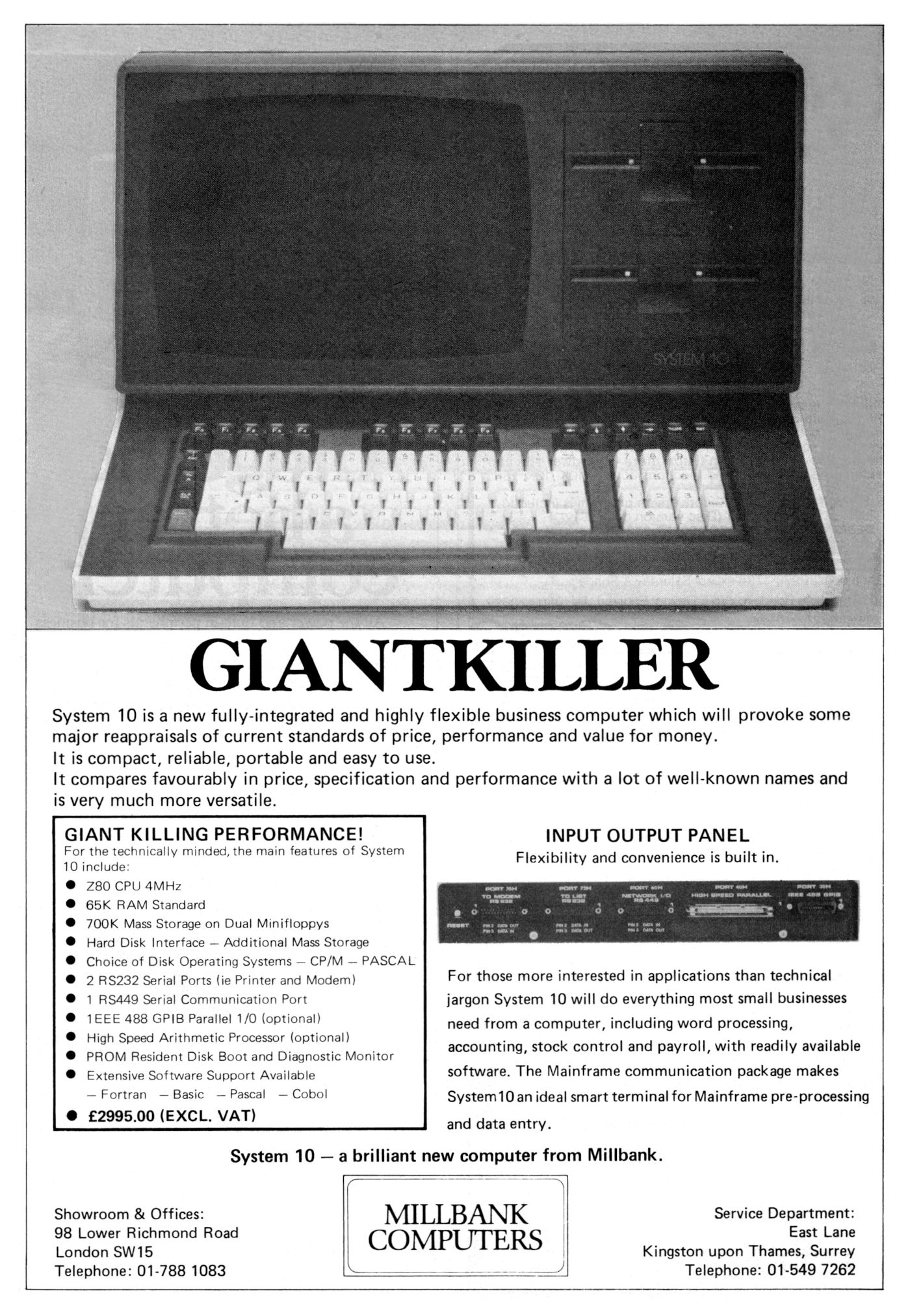 Millbank Advert: Giantkiller: System 10, from Practical Computing, January 1981