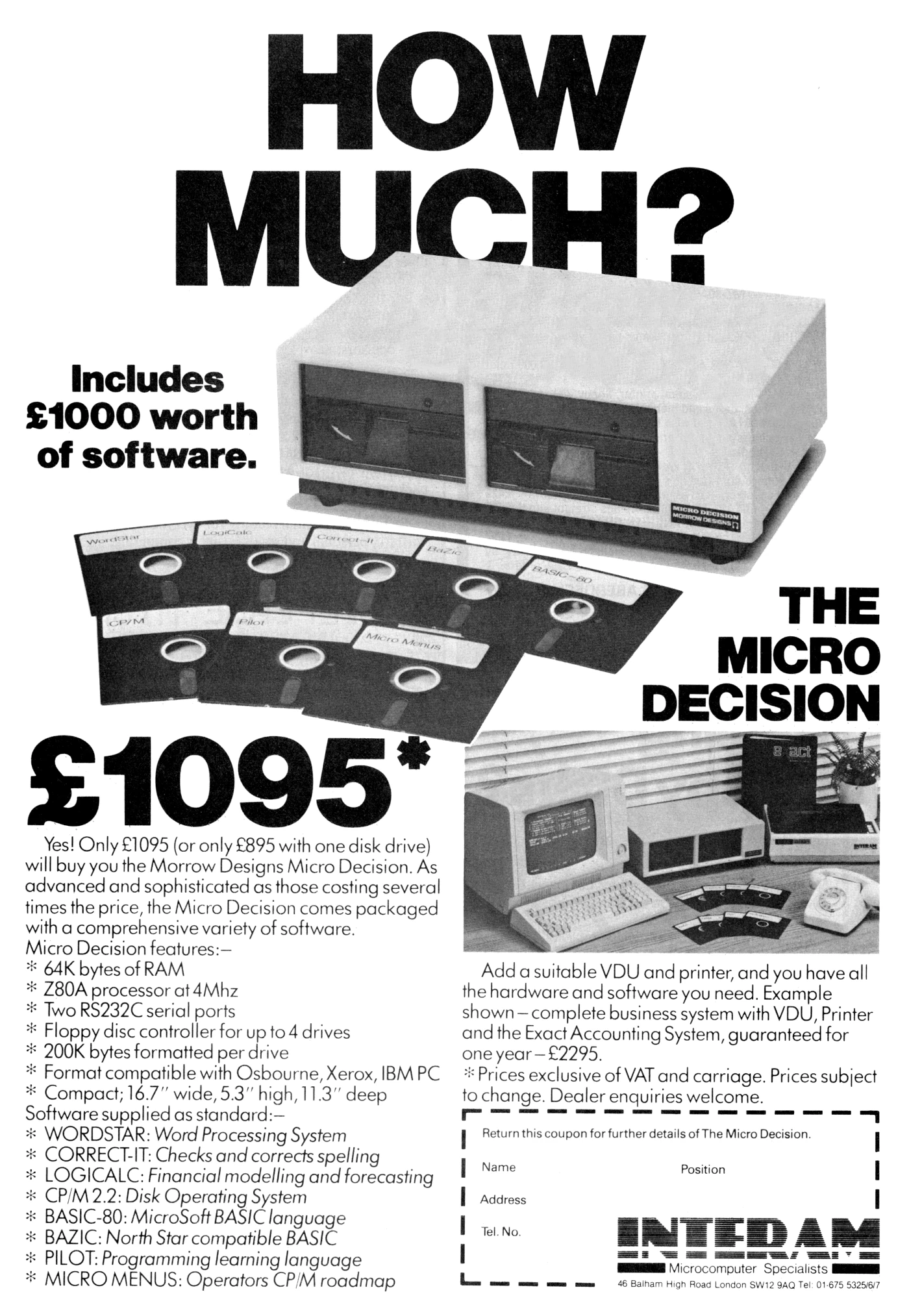 Morrow Designs Advert: How much? The Micro Decision for £1,095, from Practical Computing, February 1983