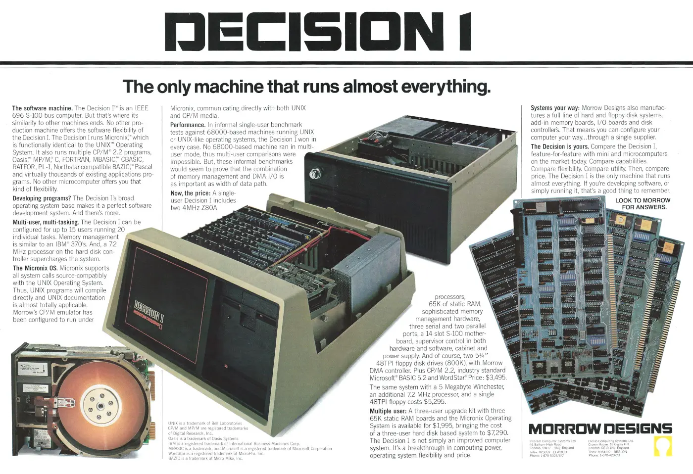 Morrow Advert: Decision 1 - the only machine that runs almost everything, from Practical Computing, October 1982