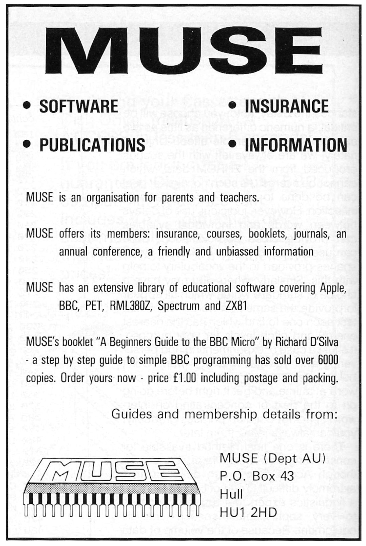 An advert for the educational user group MUSE, from Acorn User, January 1984