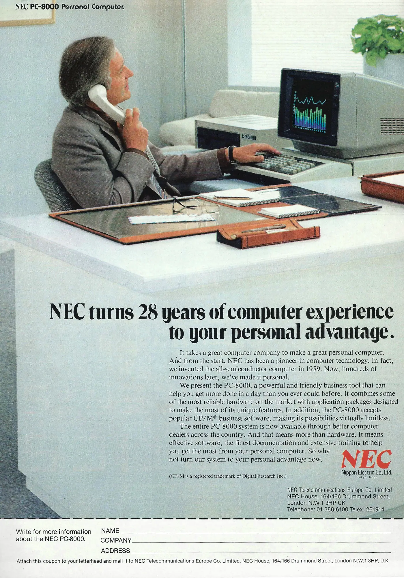 NEC Advert: NEC turns 28 years of computer experience to your personal advantage, from Personal Computer World, November 1982