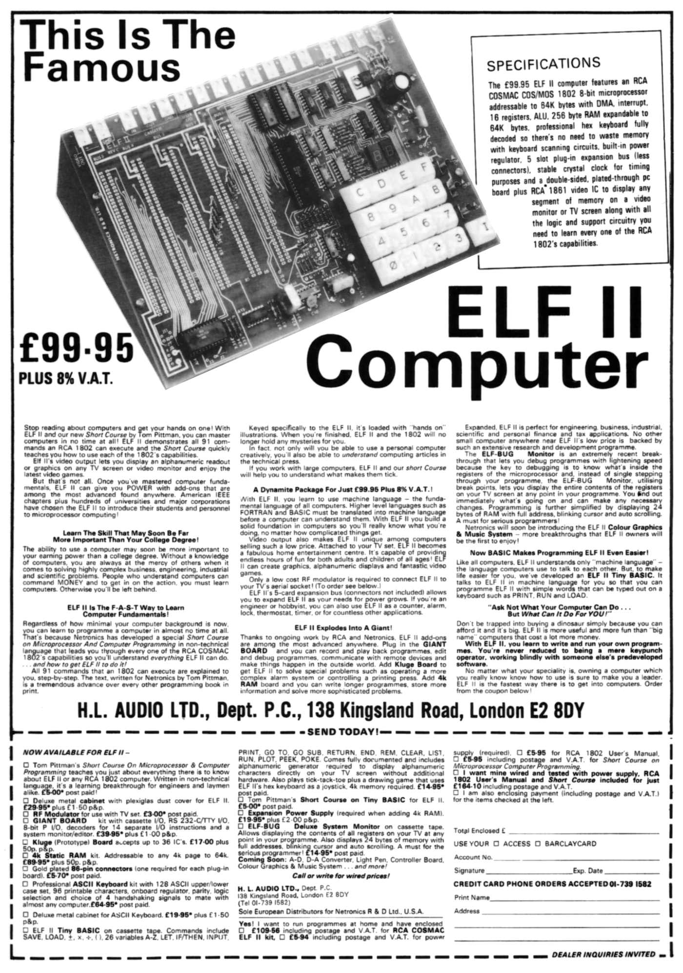 Netronics Advert: This is the famous ELF II computer, from Practical Computing, March 1979