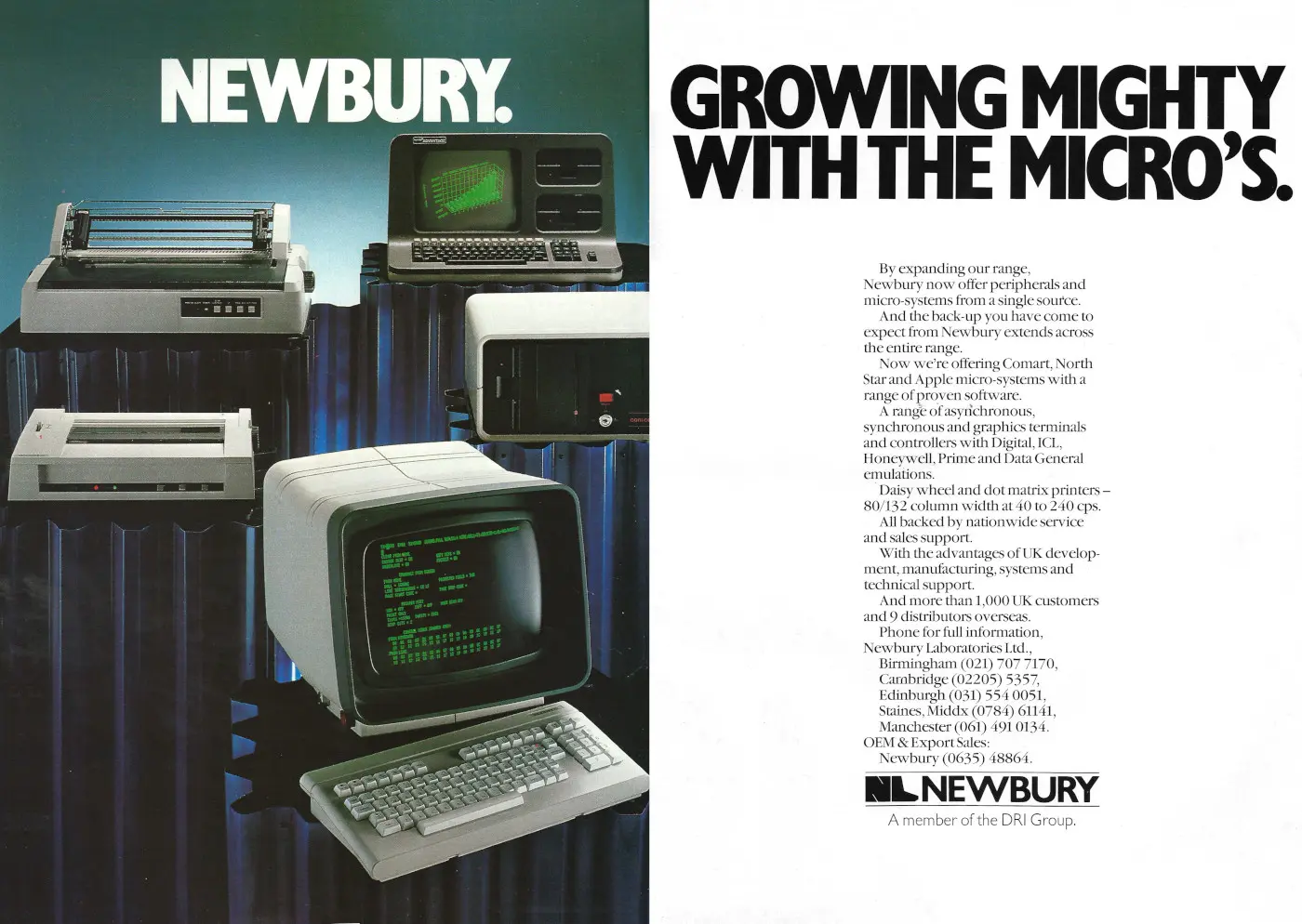Newbury Laboratories Advert: Newbury. Growing mighty with the micros, from Micro Decisions, May 1982