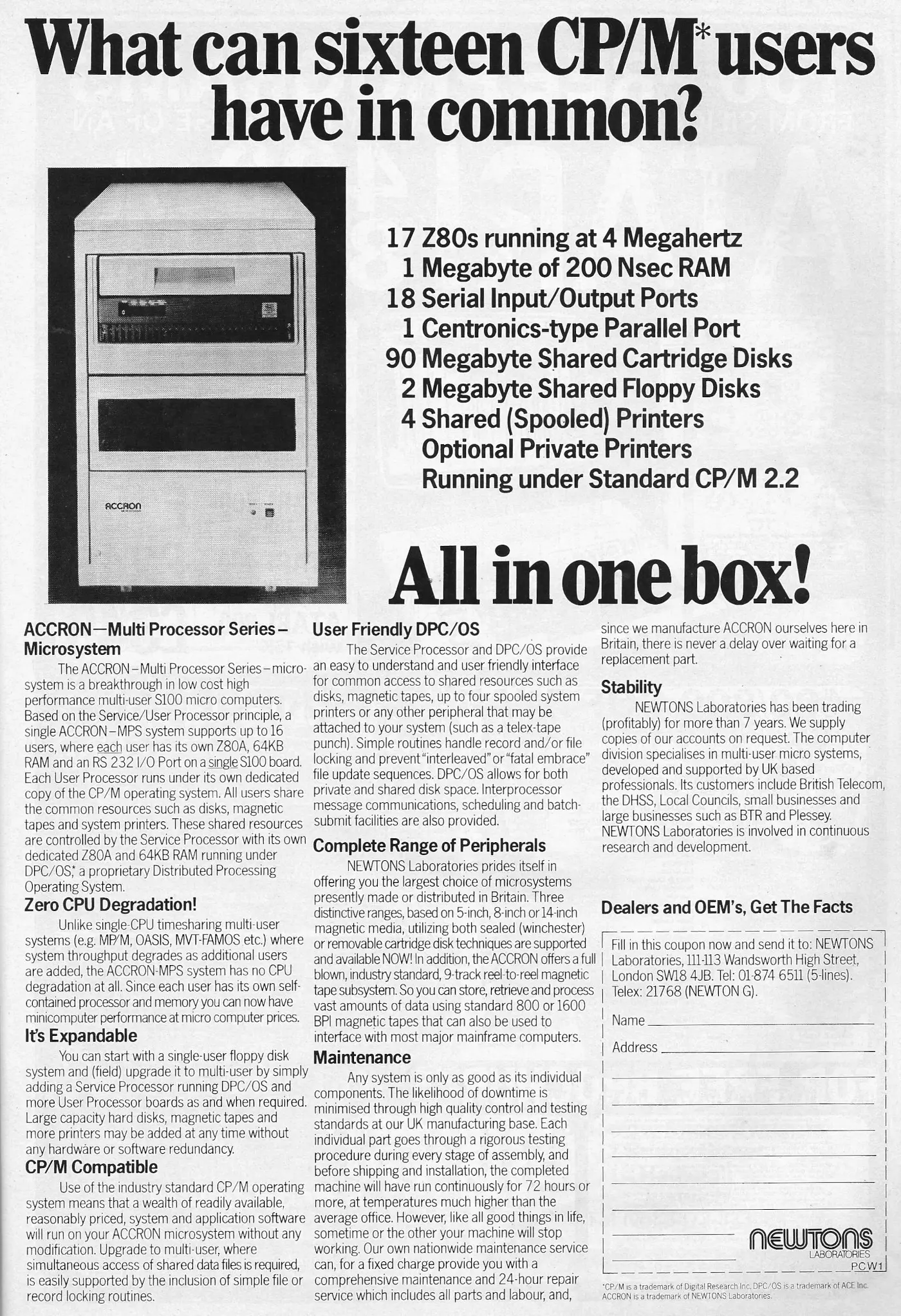 Newtons Laboratories Advert: What can 16 CP/M user have in common?, from Personal Computer World, March 1983