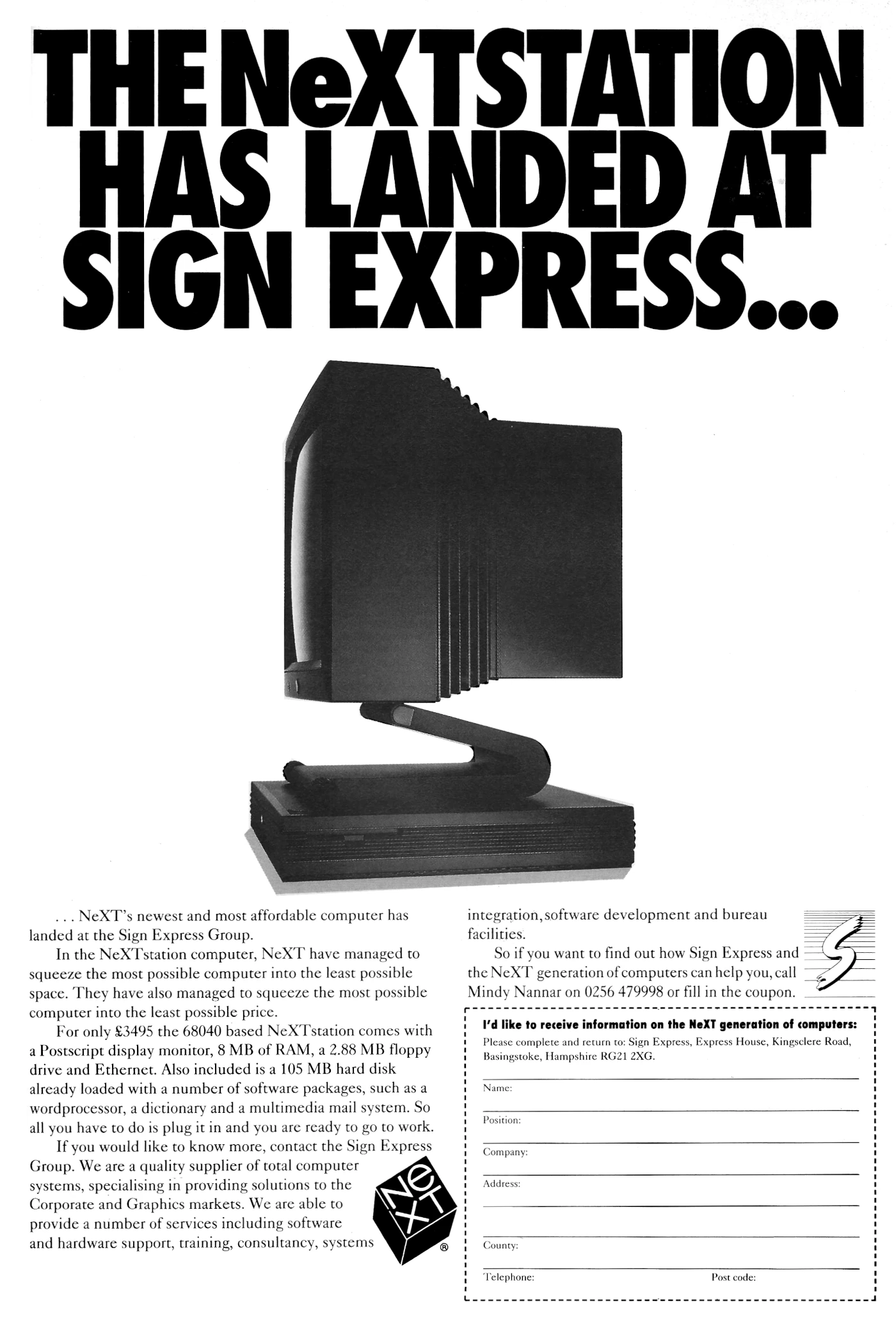 NeXT Advert: The NeXTStation has landed at Sign Express, from Personal Computer World, October 1991