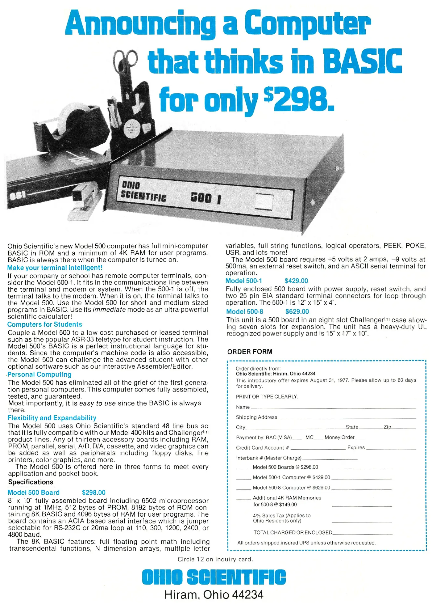 Ohio Scientific Advert: Announcing a computer that thinks in BASIC for only $298, from Byte - The Small Systems Journal, July 1977