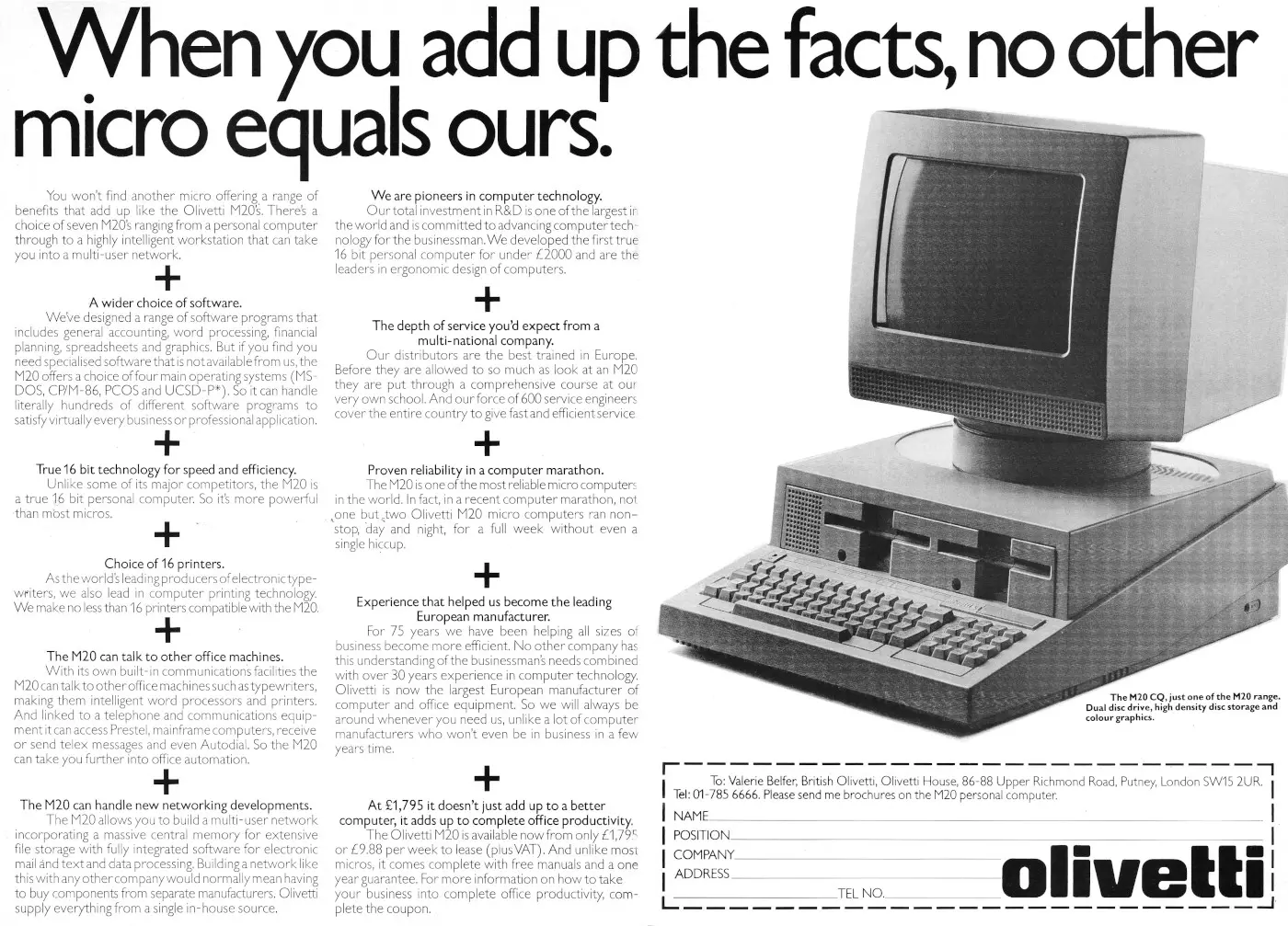 Olivetti Advert: When you add up the facts, no other micro equals ours, from Personal Computer News, 25th February 1984