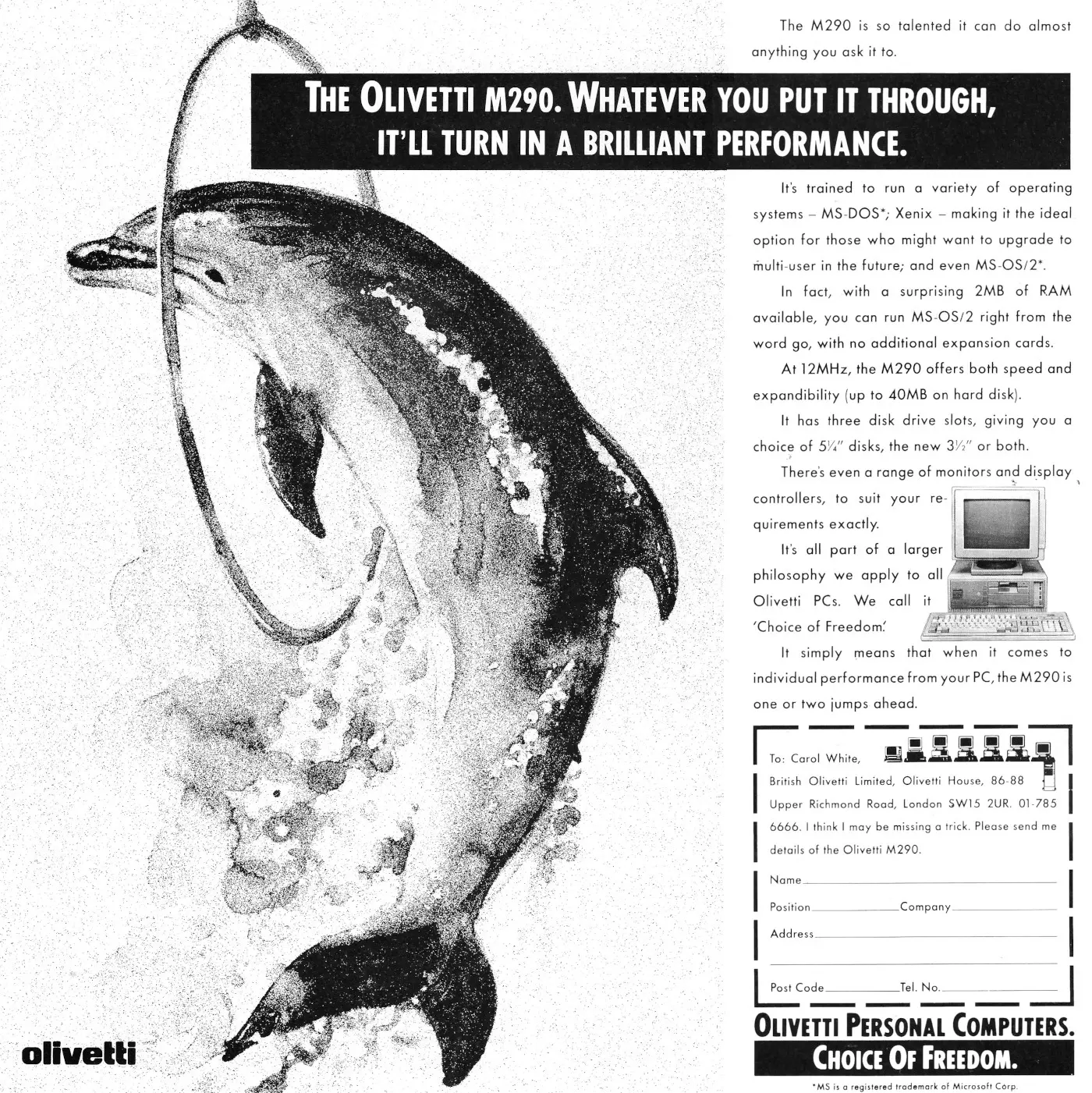 Olivetti Advert: The Olivetti M290. Whatever you put it through, it'll turn in a brilliant performance, from Practical Computing, July 1988