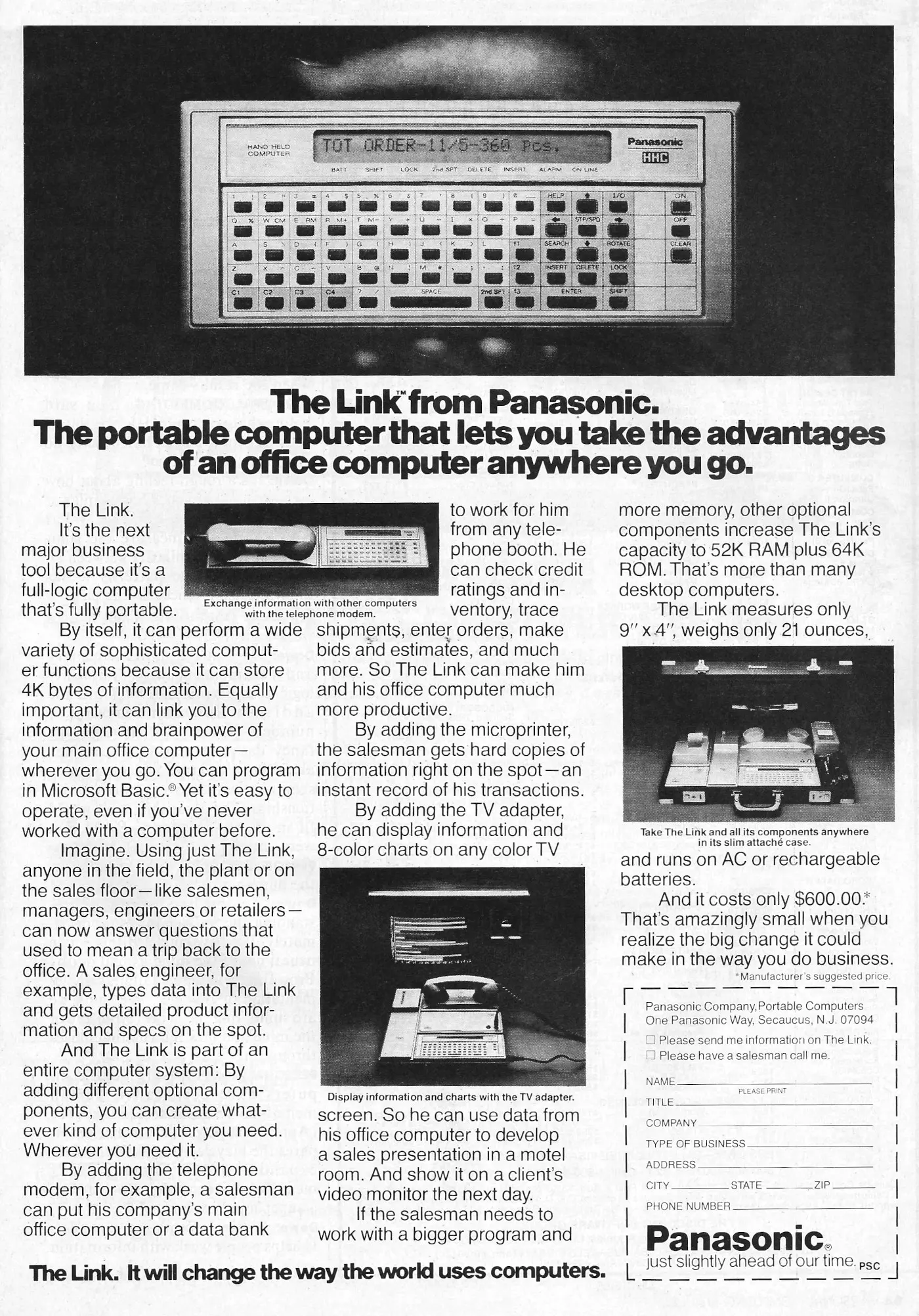 Panasonic Advert: The Link from Panasonic. The portable computer that lets you take the advantages of an office computer anywhere you go., from Personal Computing, May 1982