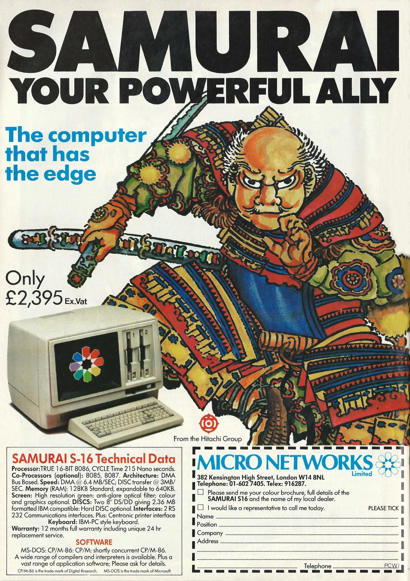 Hitachi Advert: <b>Samurai - your powerful ally</b>, from Personal Computer News, 25th August 1983