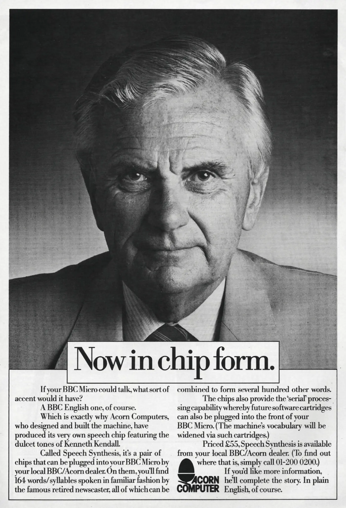 Acorn Advert: Kenneth Kendall: Now in chip form, from Personal Computer News, 25th August 1983