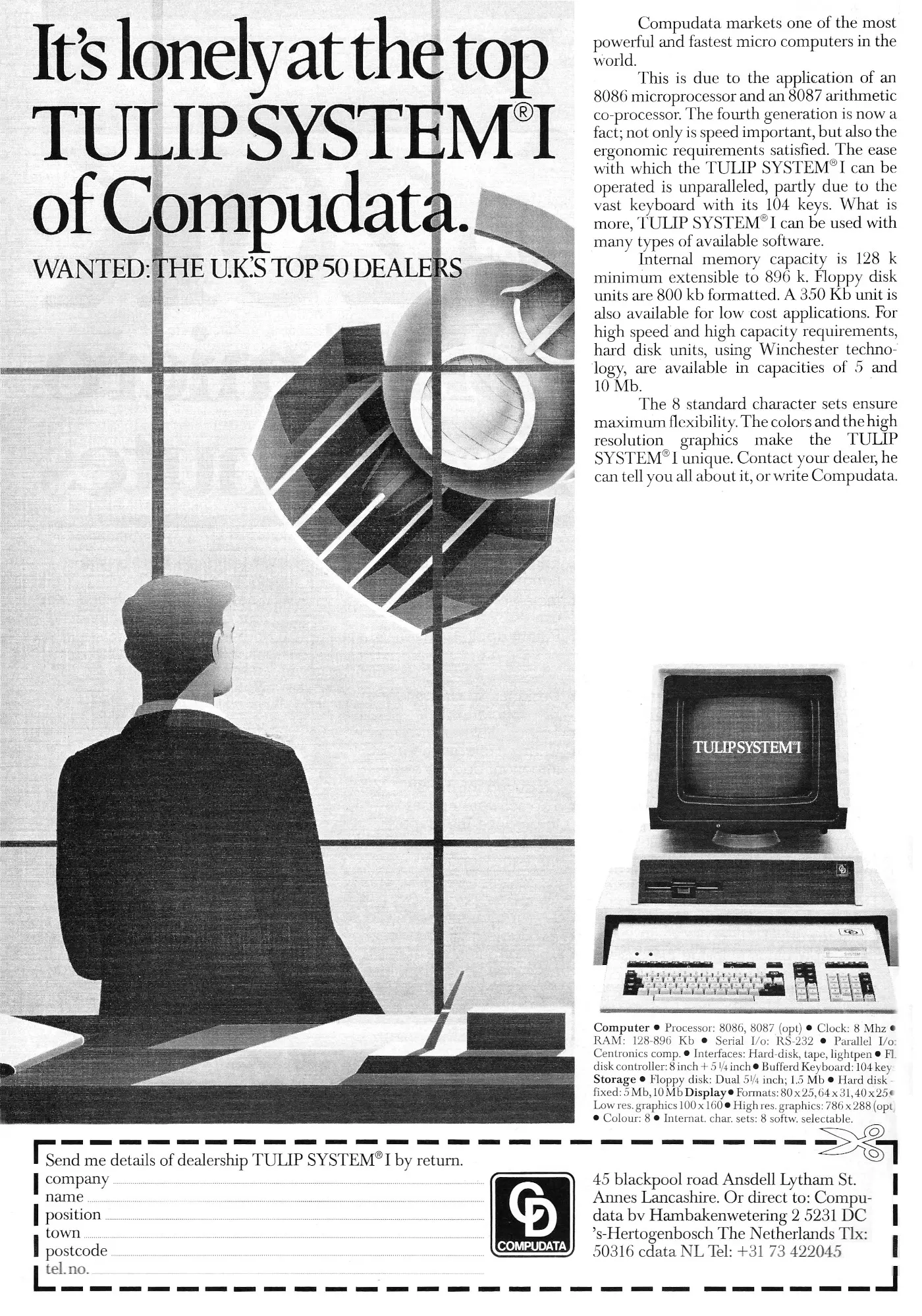 Tulip/Compudata Advert: It's lonely at the top: Tulip System 1 of Compudata, from Personal Computer News, 11th February 1984
