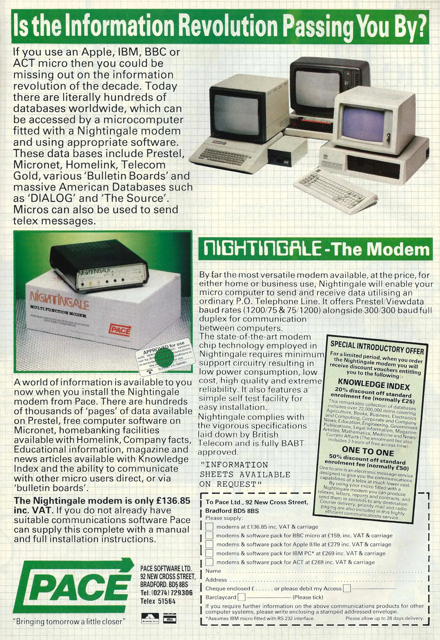 Pace Advert: Is the information revolution passing you by? Nightingale - The Modem, from Personal Computer News, 4th May 1984