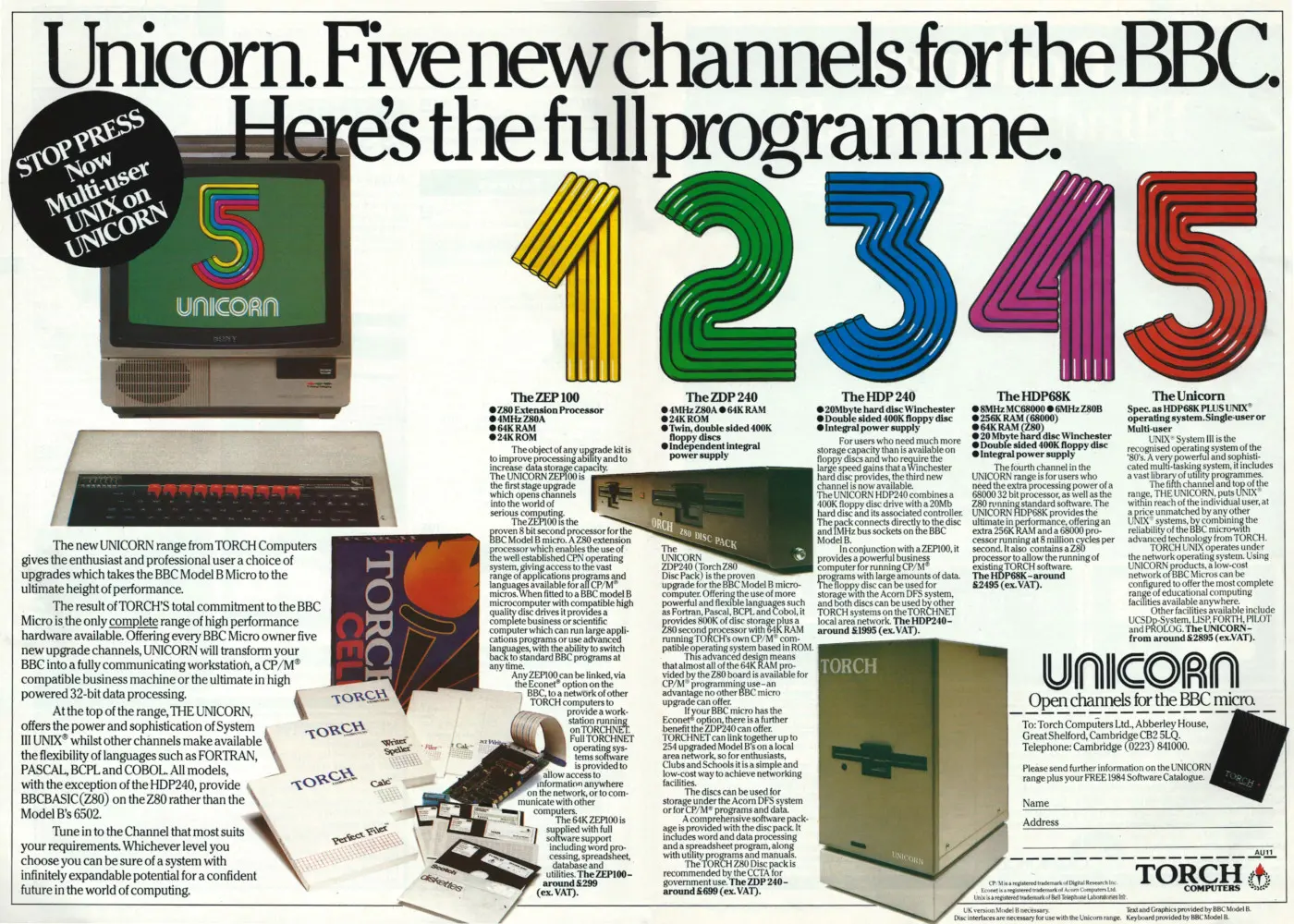 Torch Advert: Unicorn - Five new channels for the BBC.  Here's the full programme., from Personal Computer News, 23rd June 1984