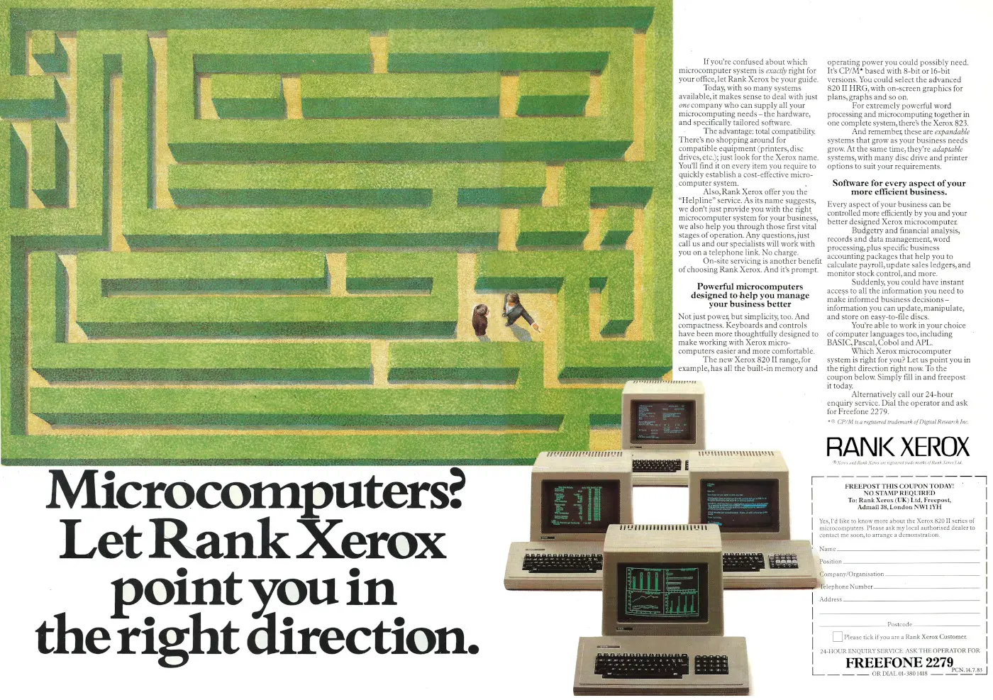 Rank Xerox Advert: <b>Microcomputers? Let Rank Xerox point you in the right direction</b>, from Personal Computer News, 14th July 1983