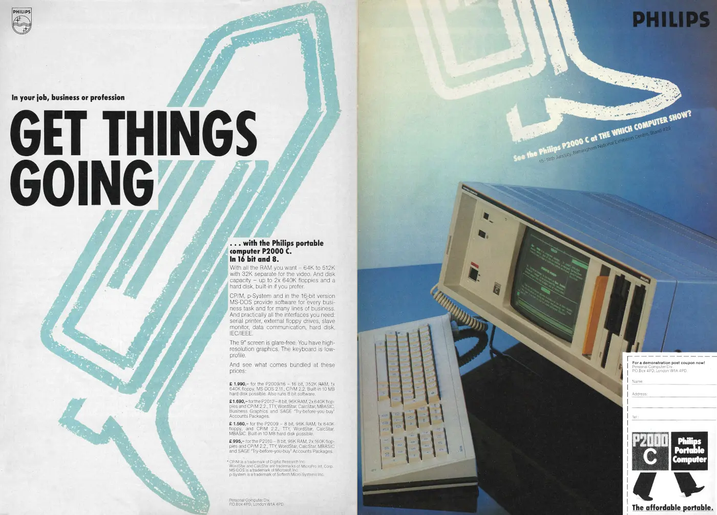 Philips Advert: Get things going - with the Philips portable P2000C, from Personal Computer News, 12th January 1985