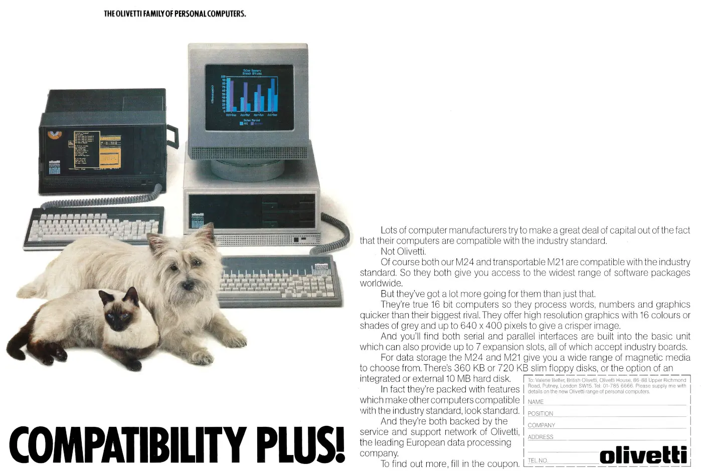 Olivetti Advert: <b>Olivetti - Compatibility plus!</b>, from Personal Computer World, December 1984