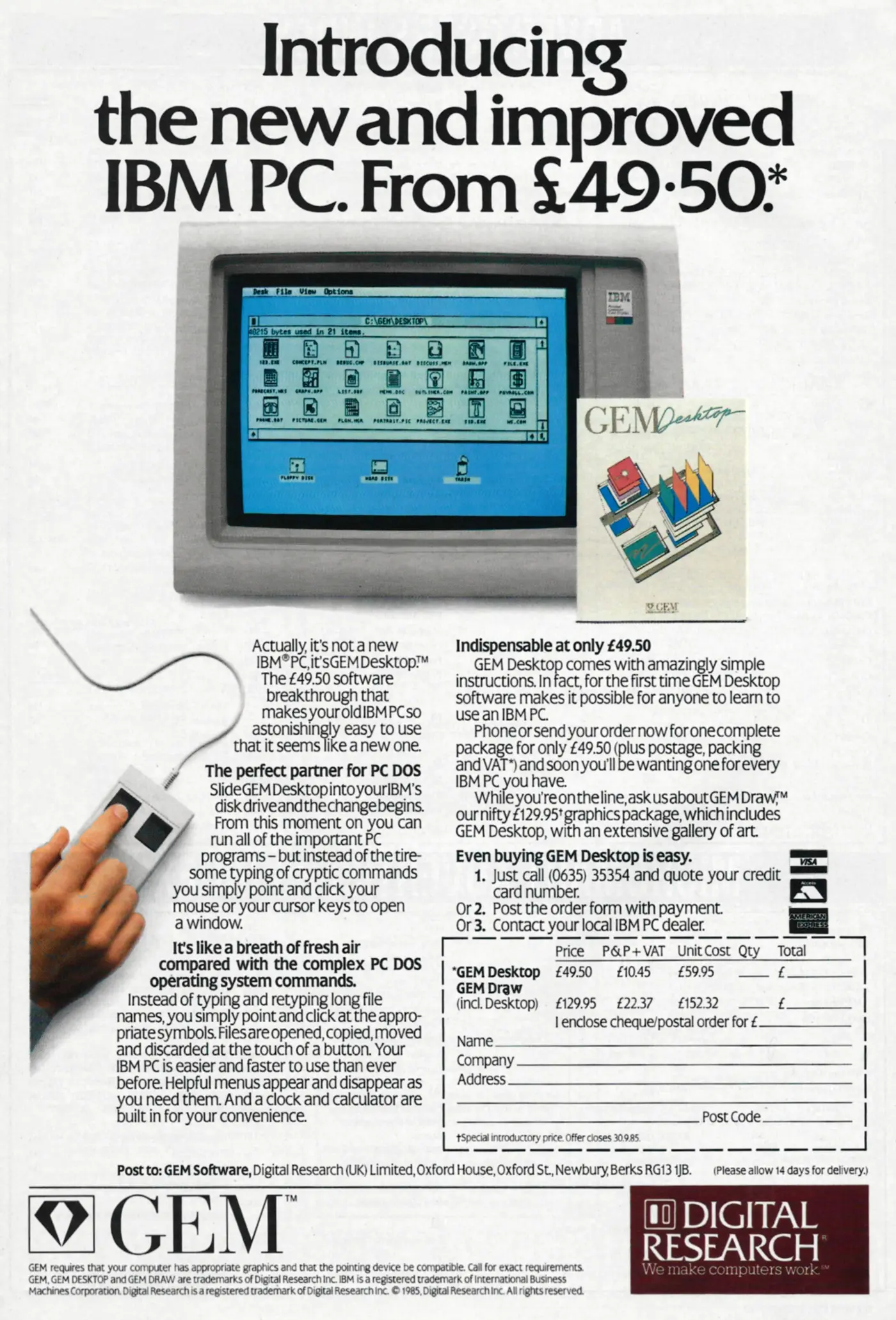 Digital Research Advert: Introducing the new and improved IBM PC.  From £49.50, from Personal Computer World, November 1985