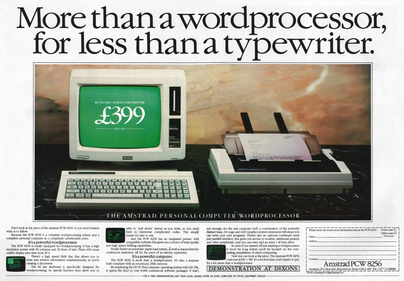 Amstrad Advert: More than a Word Processor for less than a typewriter, from Personal Computer World, November 1985