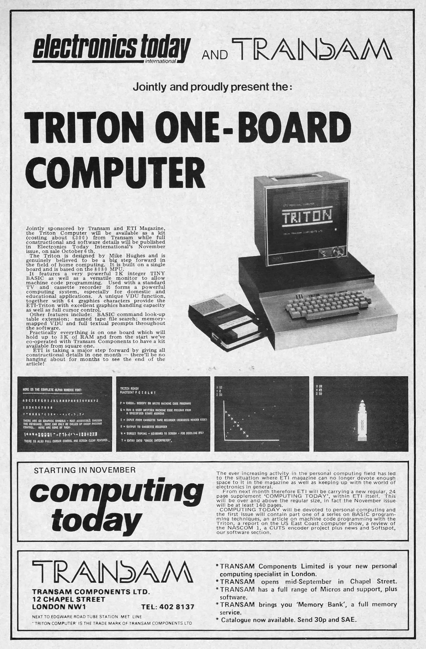 Transam Advert: Triton One-Board Computer, from Personal Computer World, October 1978