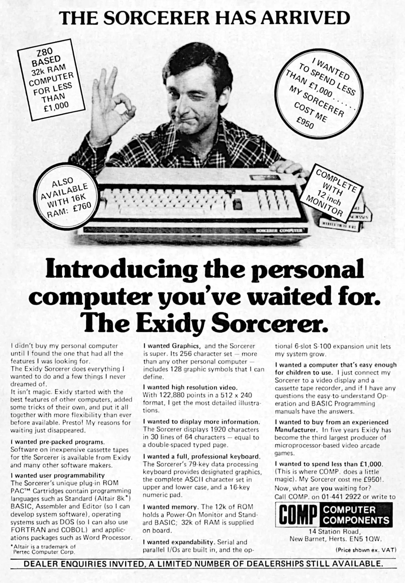 Exidy Advert: Introducing the personal computer you've been waiting for: The Exidy Sorcerer, from Personal Computer World, January 1979