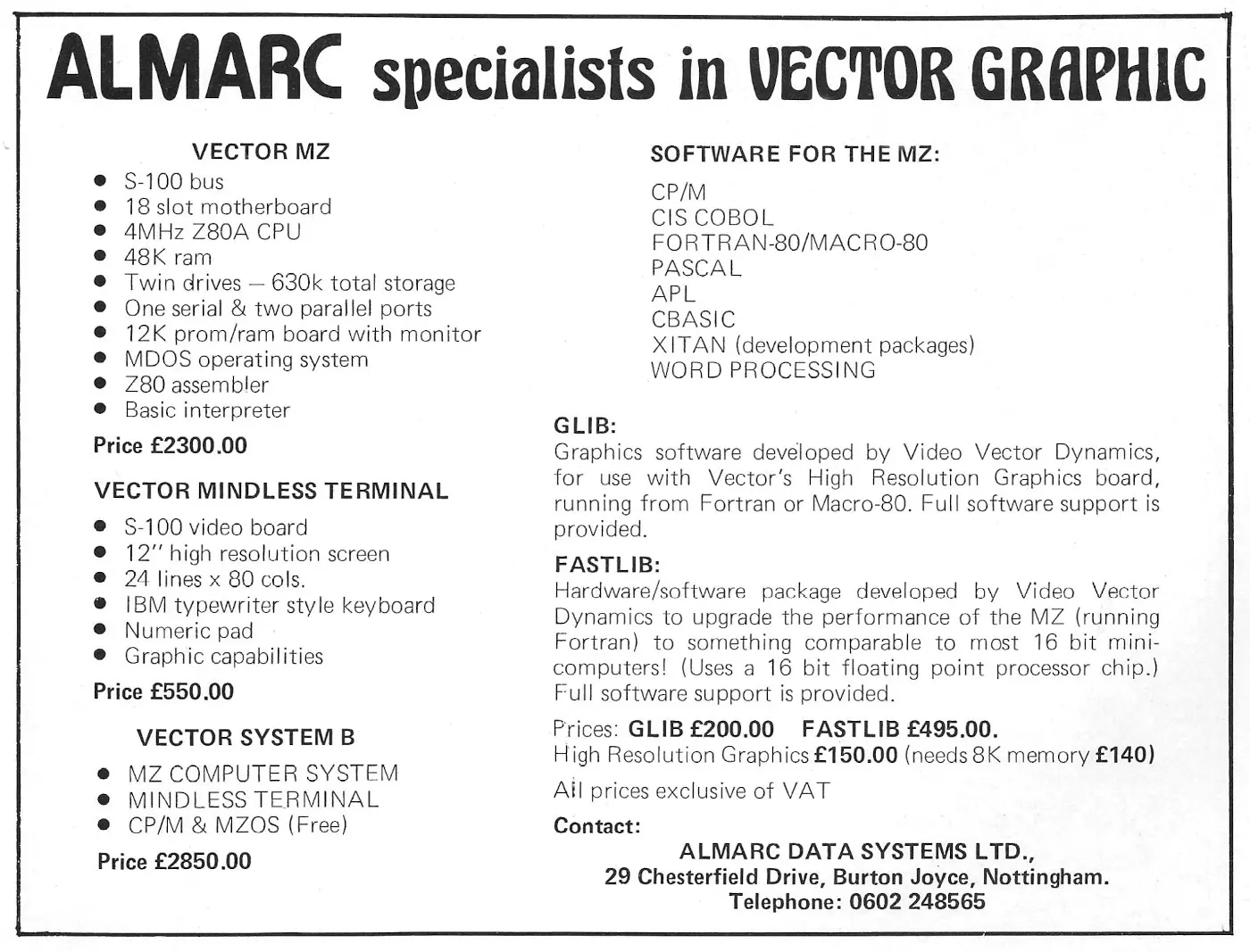 Vector Graphic Advert: Almarc: Specialists in Vector Graphic, from Personal Computer World, August 1979
