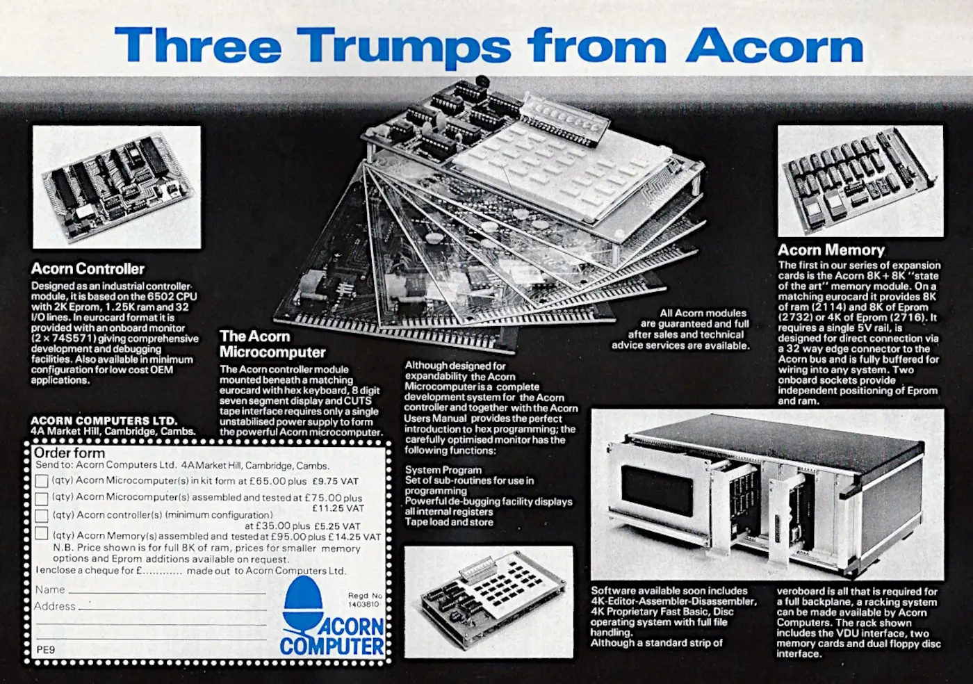 Acorn Advert: Three Trumps from Acorn: The Acorn Microcomputer, from Personal Computer World, September 1979