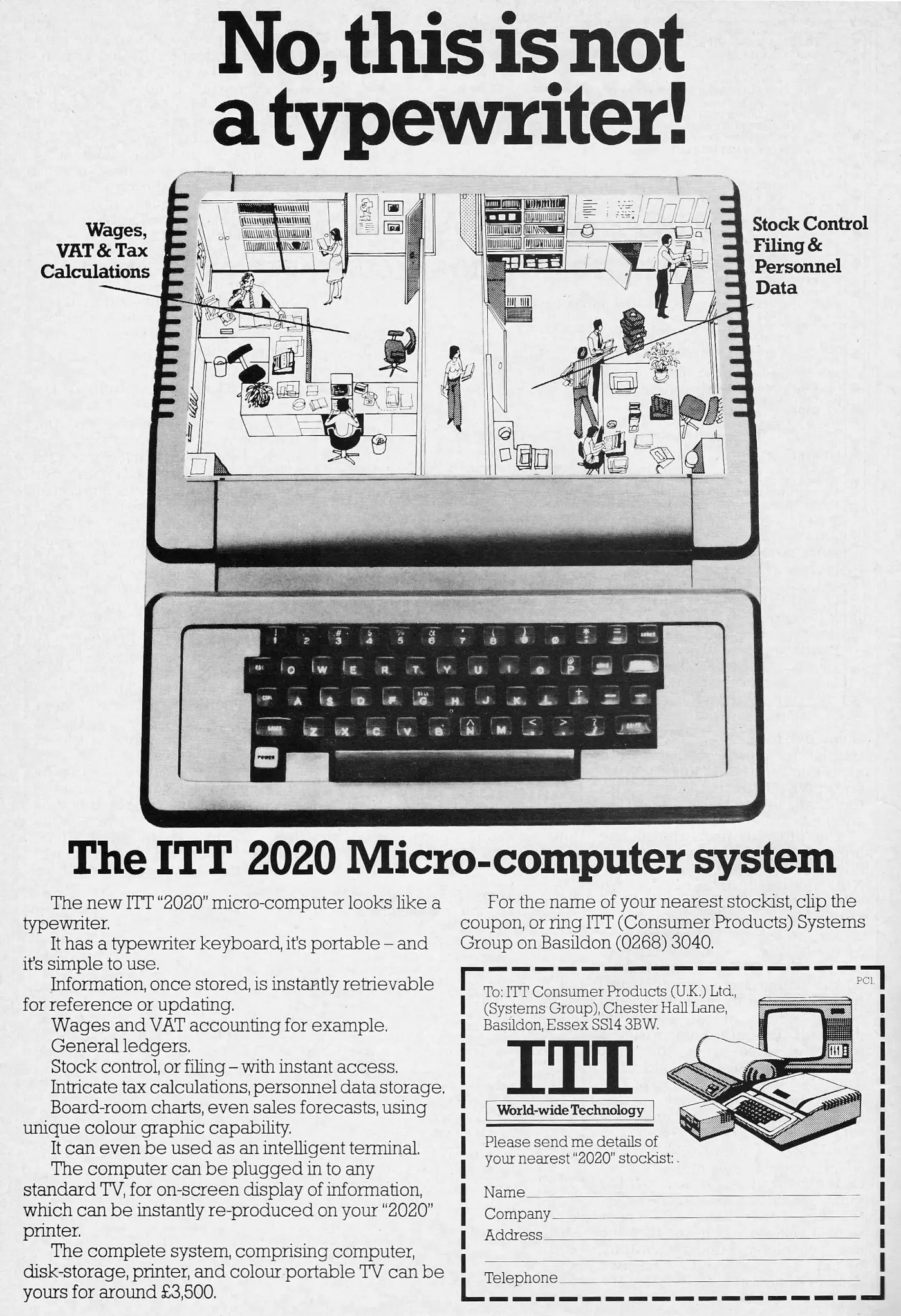 ITT Advert: The ITT 2020 Micro-computer system: No, this is not a typewriter!, from Personal Computer World, January 1980