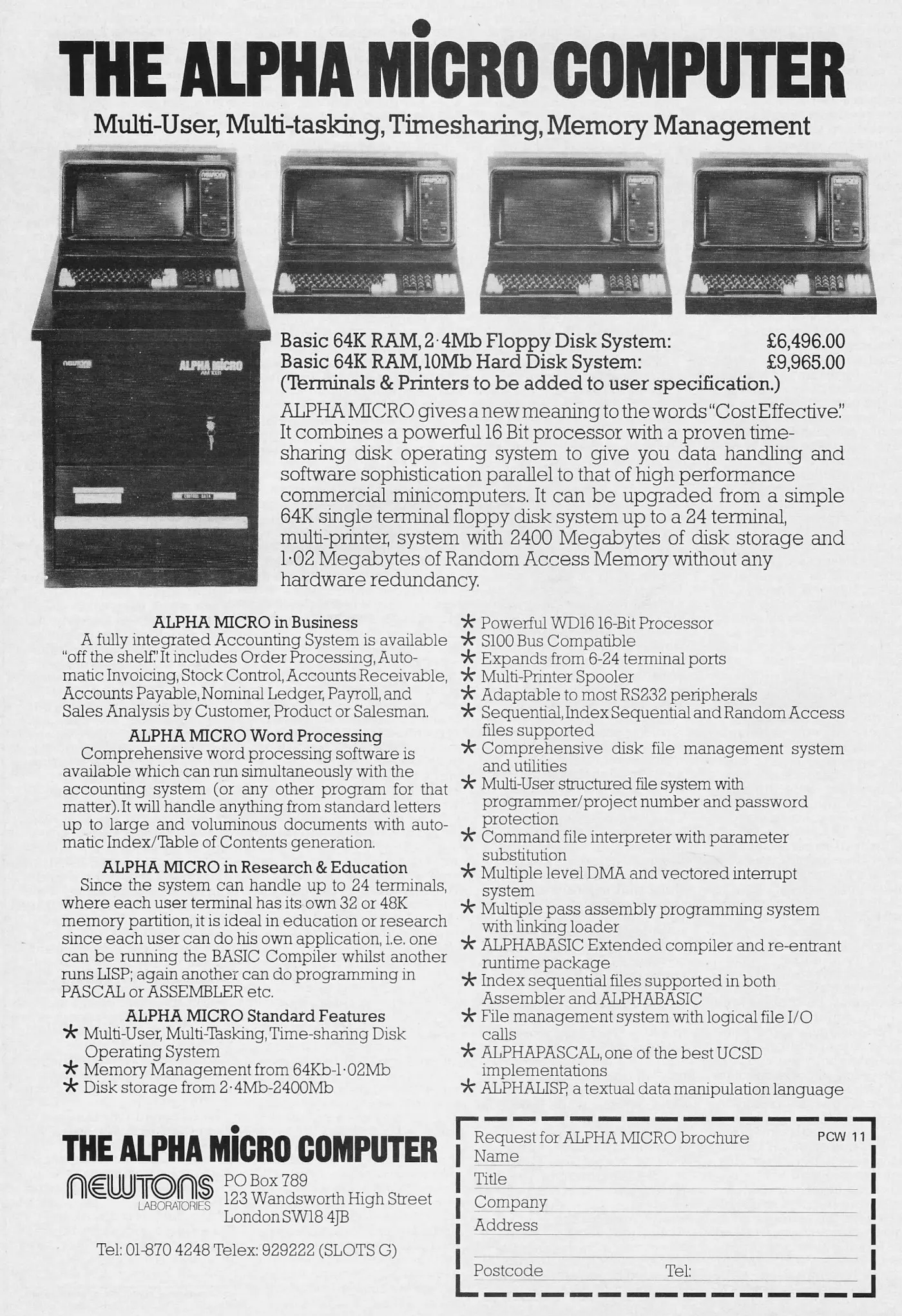 Alpha Micro Advert: The Alpha Micro Computer: Multi-user, Multi-tasking, Timesharing, Memory Management, from Personal Computer World, January 1980
