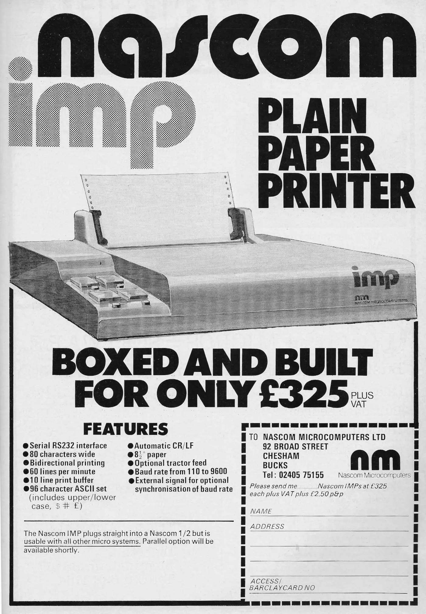 Nascom/Lucas Advert: <b>Nascom Imp plain paper printer - boxed and built for only £325</b>, from Personal Computer World, January 1980