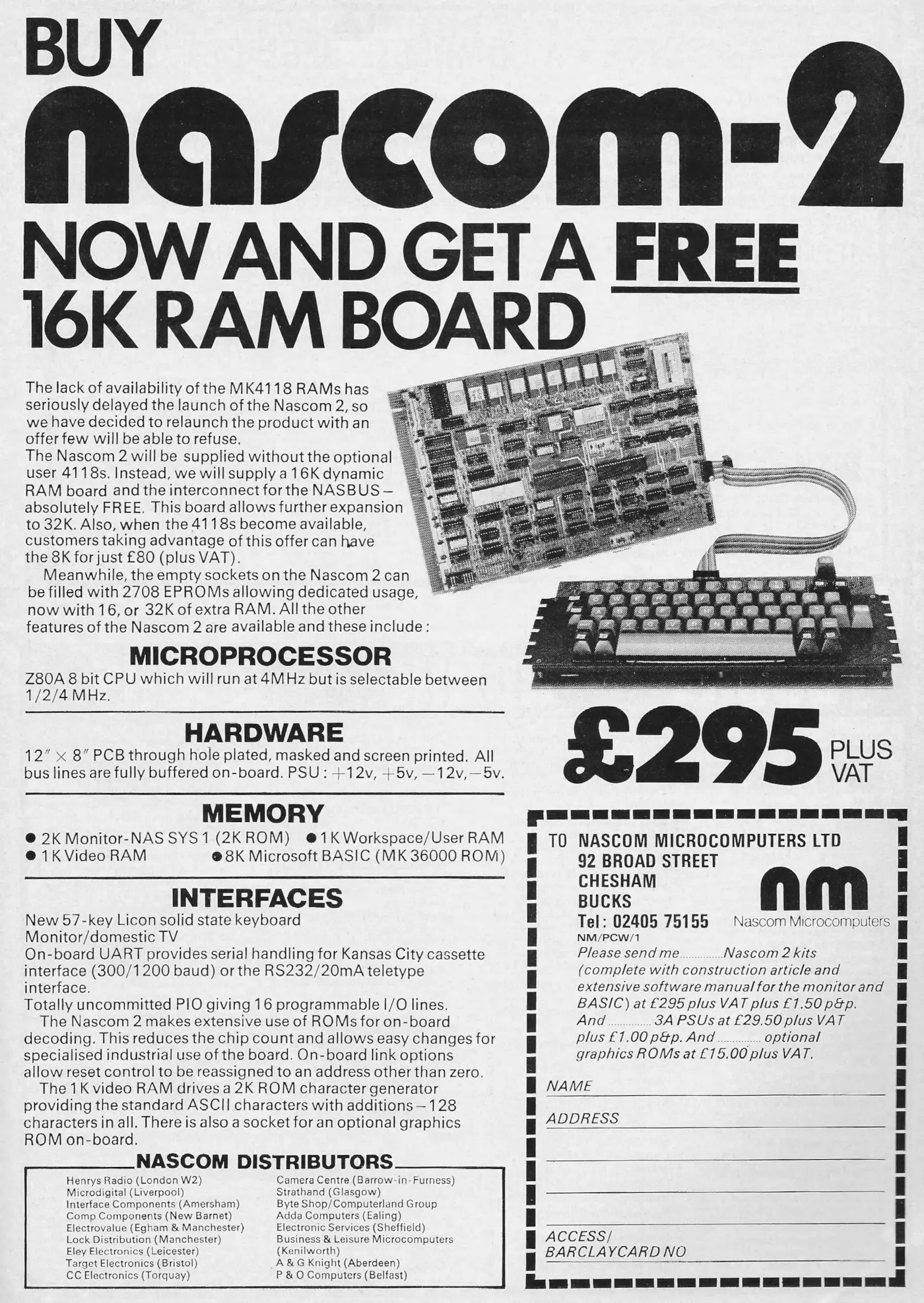 Nascom/Lucas Advert: Buy Nascom 2 Now and get a free 16K RAM board, from Personal Computer World, January 1980