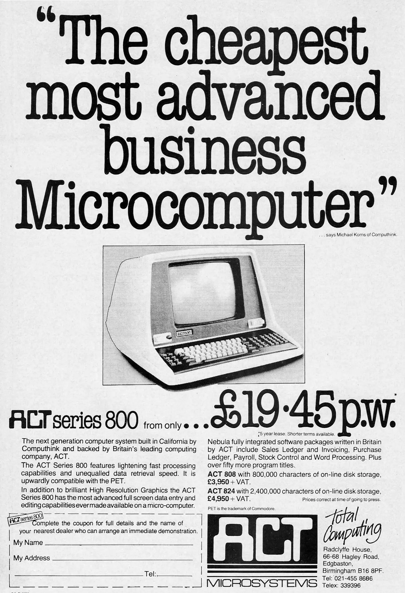 ACT/Computhink Advert: <b>The cheapest most advanced business Microcomputer</b>, from Personal Computer World, February 1980
