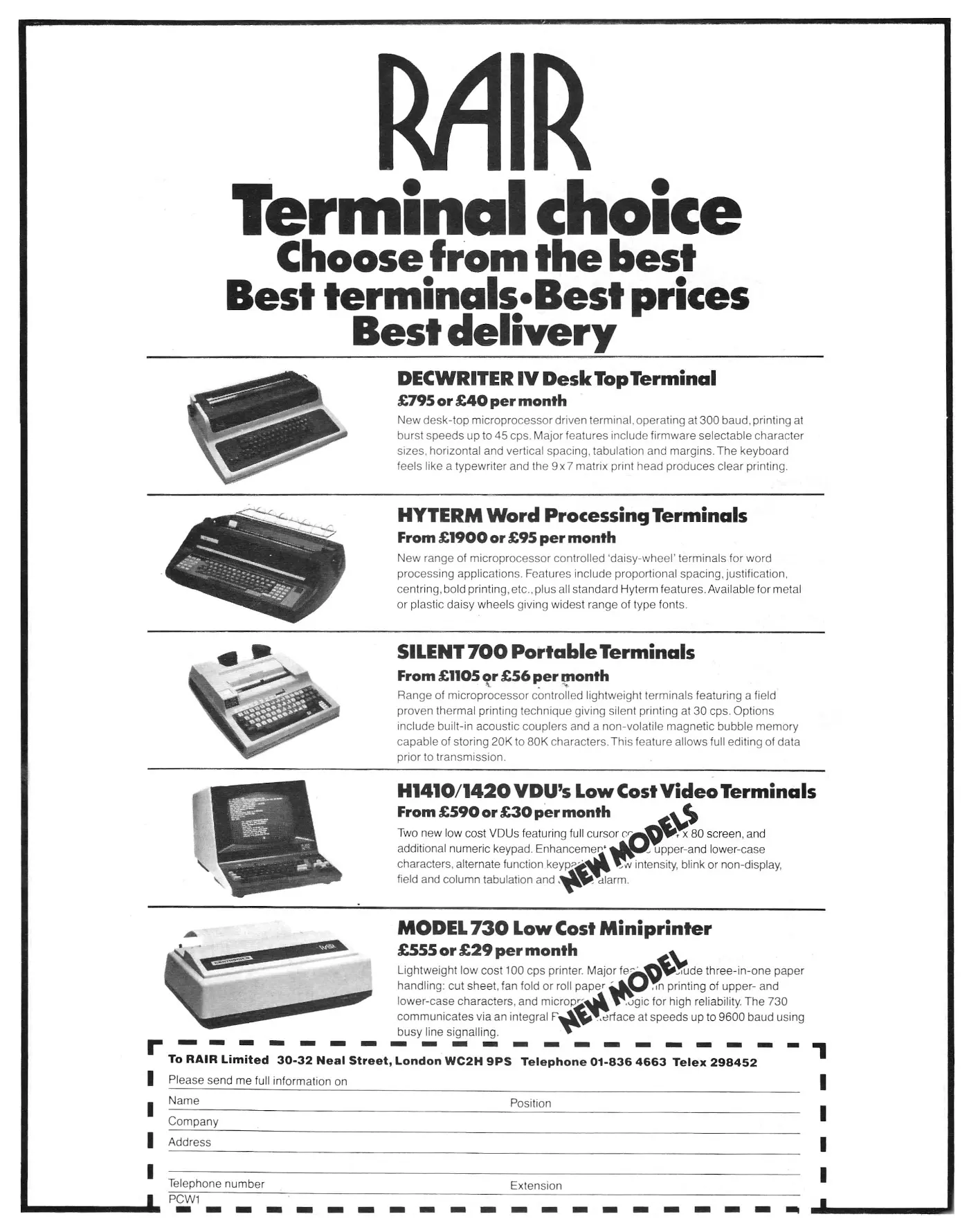 RAIR Advert: RAIR Terminal Choice - choose from the best, from Personal Computer World, April 1980