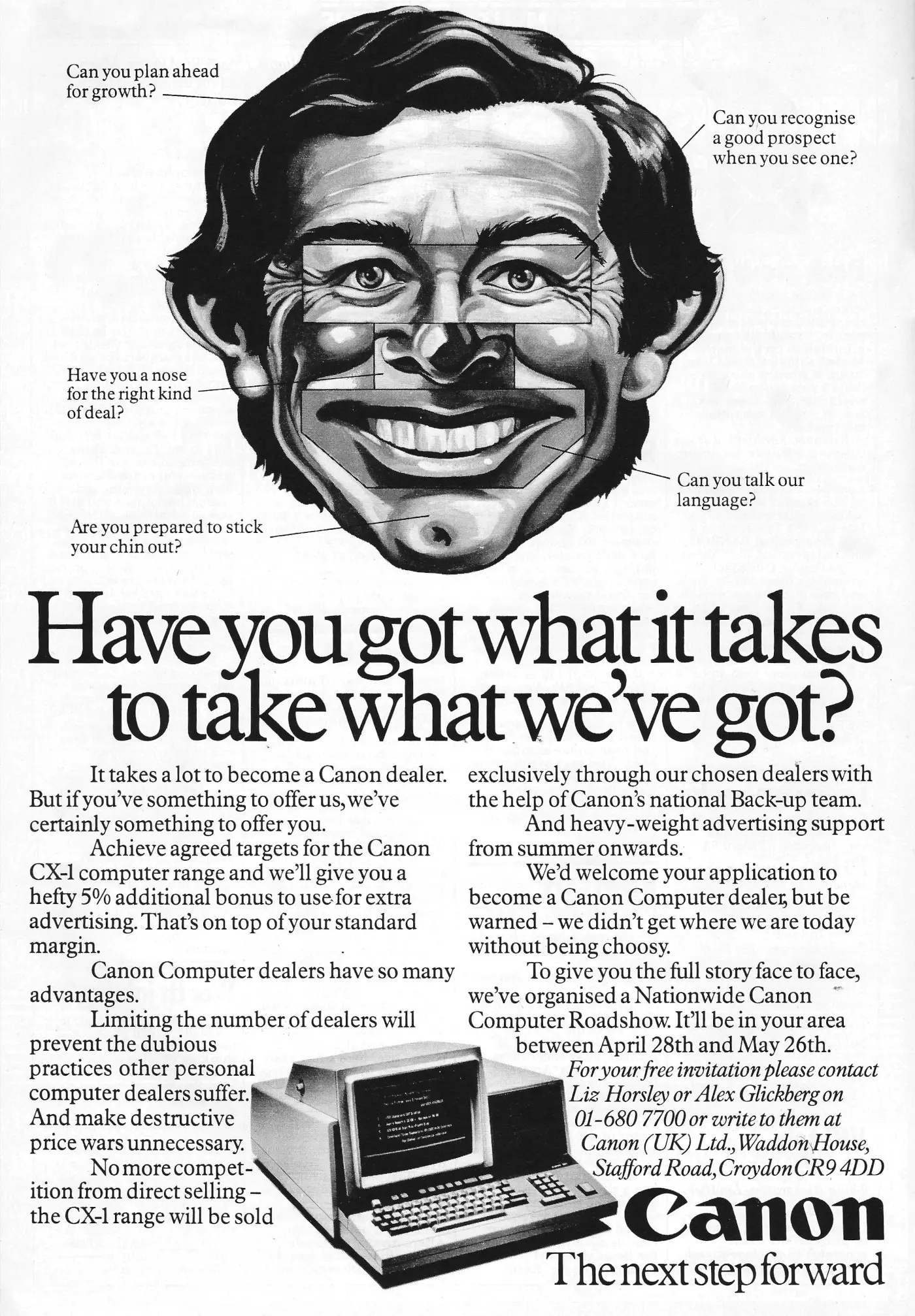 Canon Advert: Have you got what it takes to take what we've got?, from Personal Computer World, May 1982