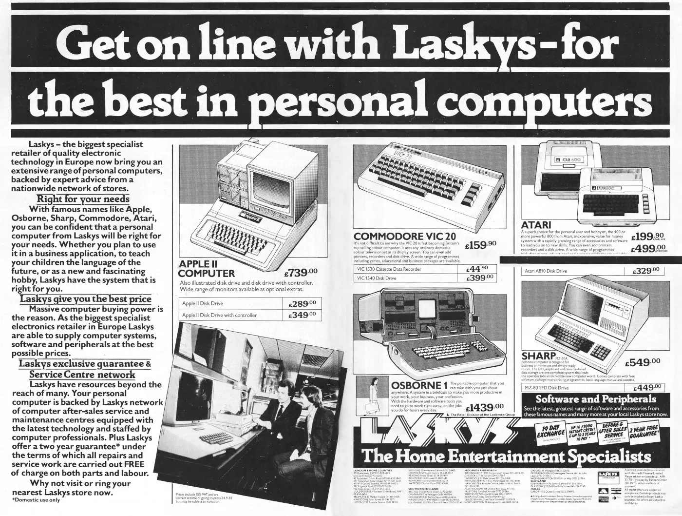 Laskys Advert: <b>Get on line with Laskys - for the best in personal computers</b>, from Personal Computer World, November 1982