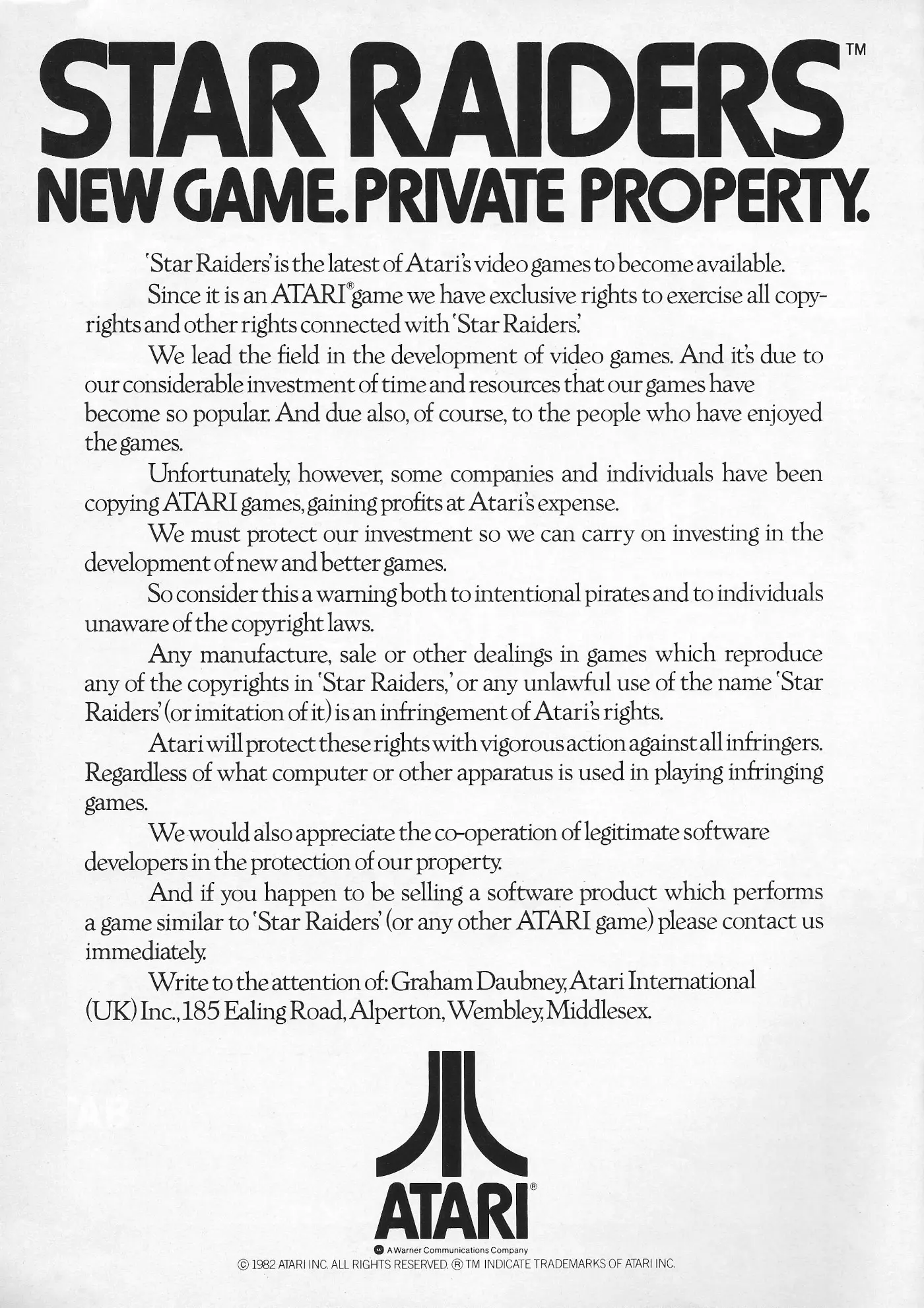 Atari Advert: Atari Star Raiders: New game, private property, from Personal Computer World, December 1982