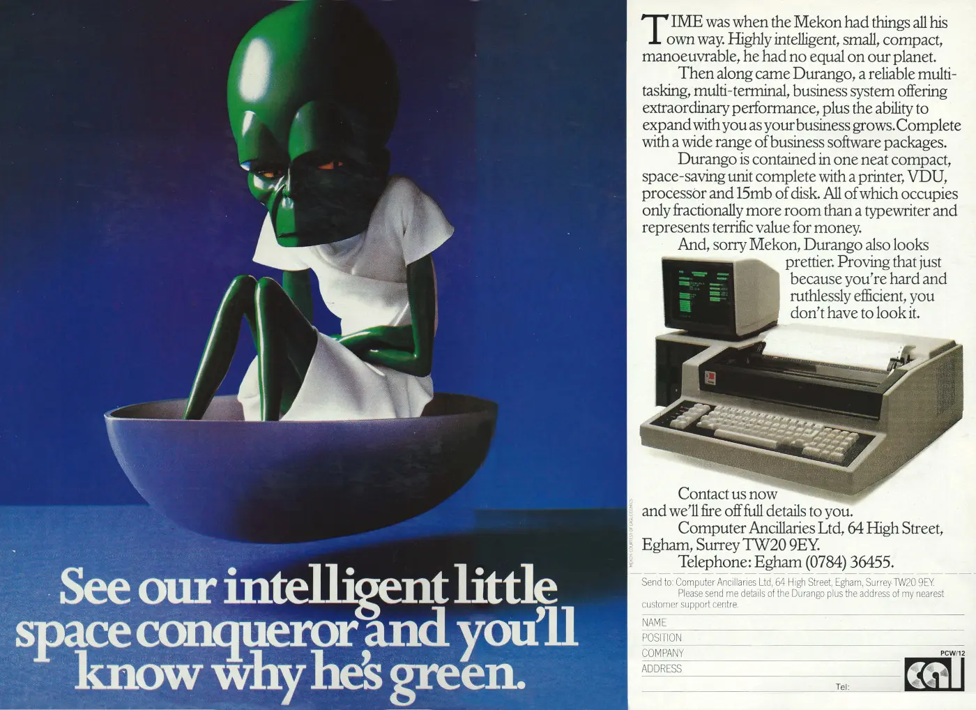 CAL/Durango Advert: Durango: See our intelligent little space conqueror and you'll know why he's green, from Personal Computer World, December 1982