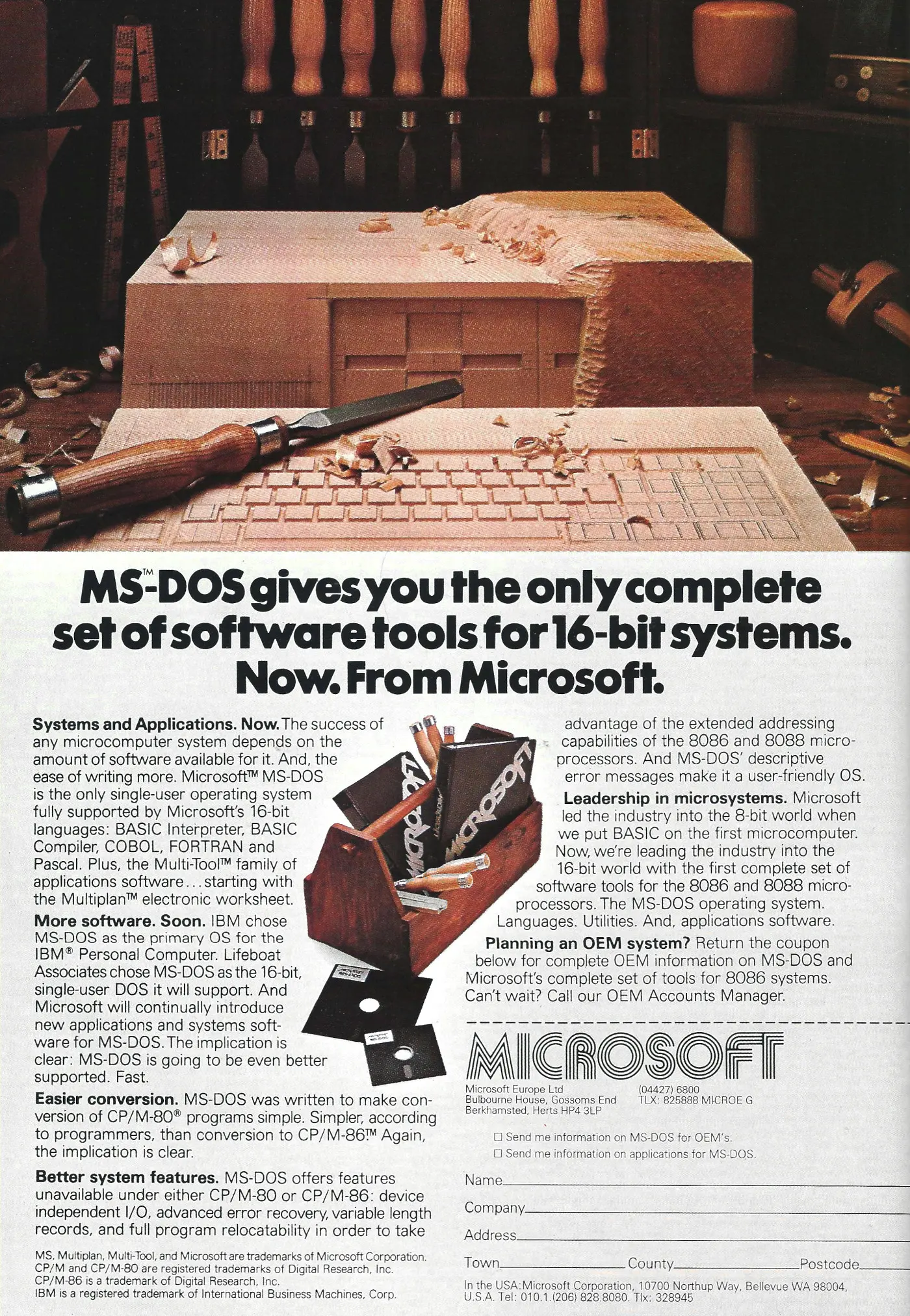 Microsoft Advert: Microsoft: MS-DOS gives you the only complete set of tools for 16-bit systems, from Personal Computer World, December 1982