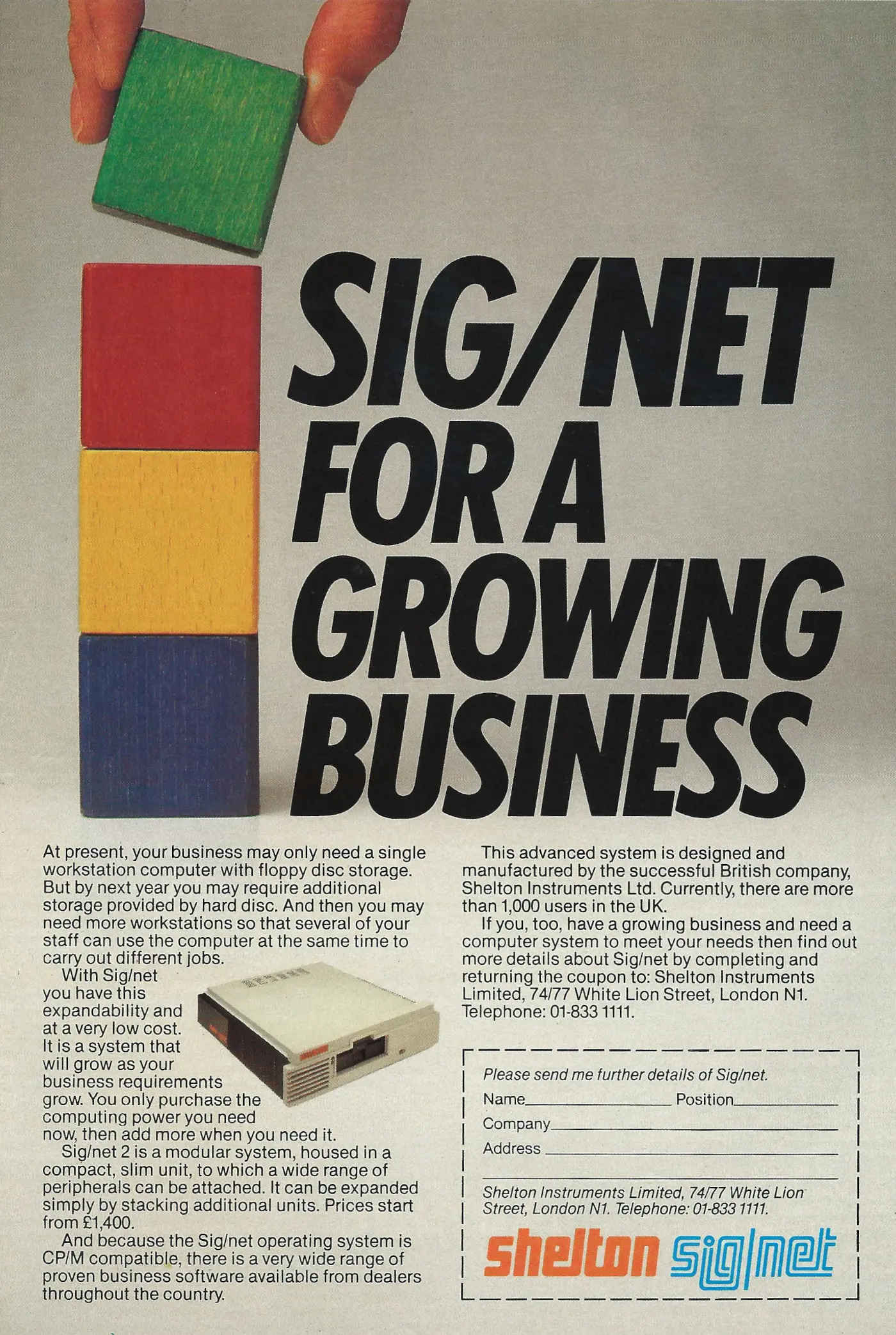 Shelton Advert: Sig/Net For a growing business, from Personal Computer World, March 1983