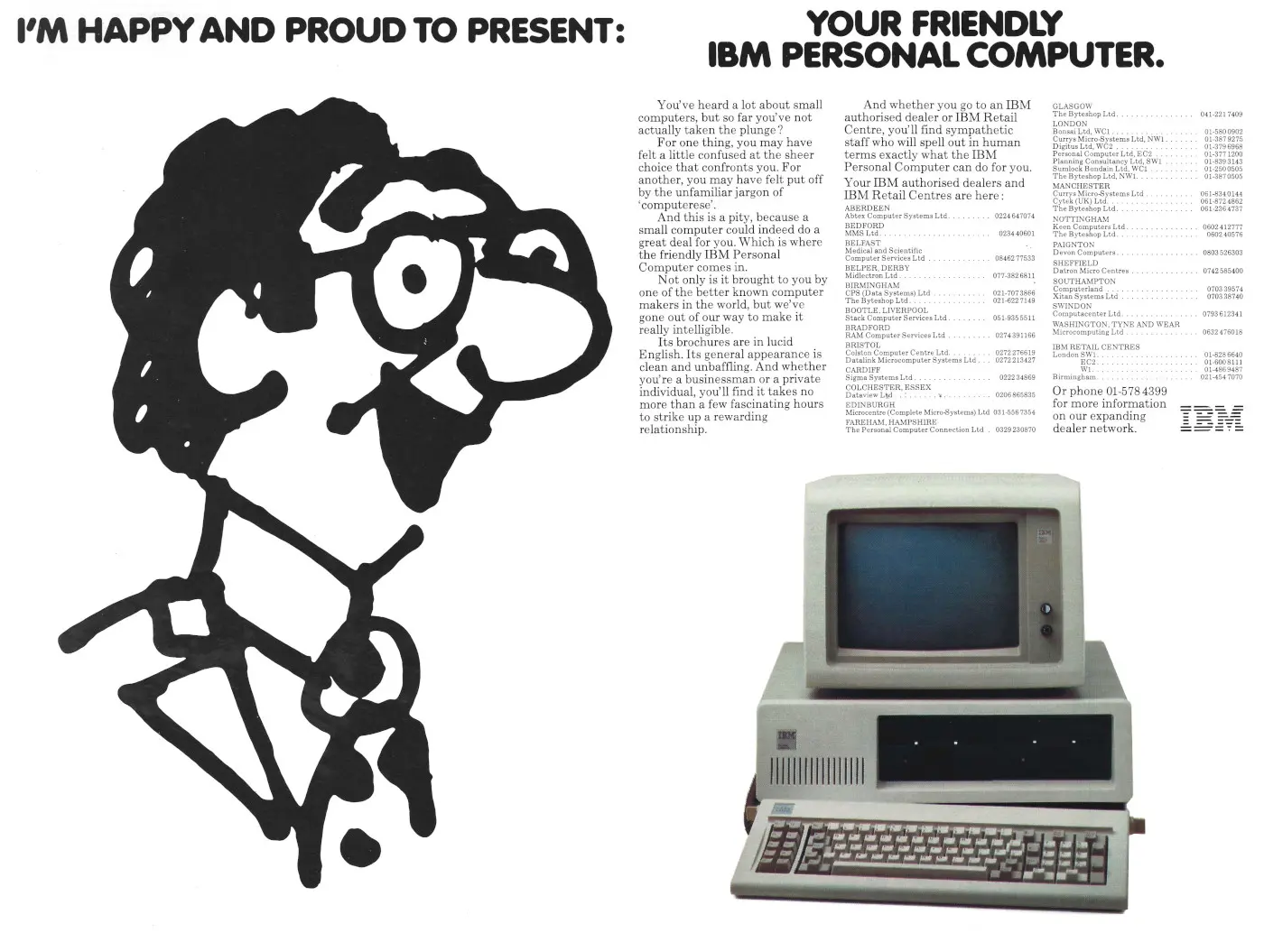 IBM Advert: I'm happy and proud to present your friendly IBM personal computer, from Personal Computer World, March 1983