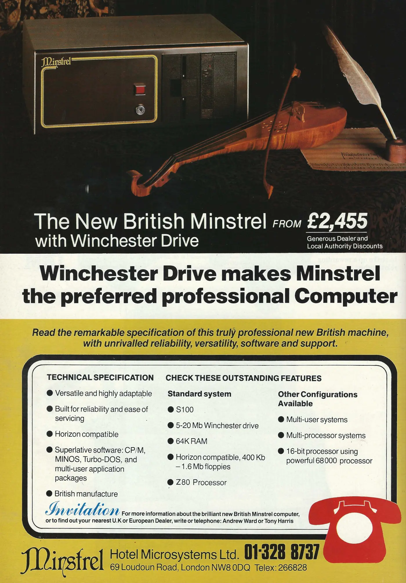 Hotel Microsystems Advert: The new British Minstrel with Winchester drive, from Personal Computer World, March 1983