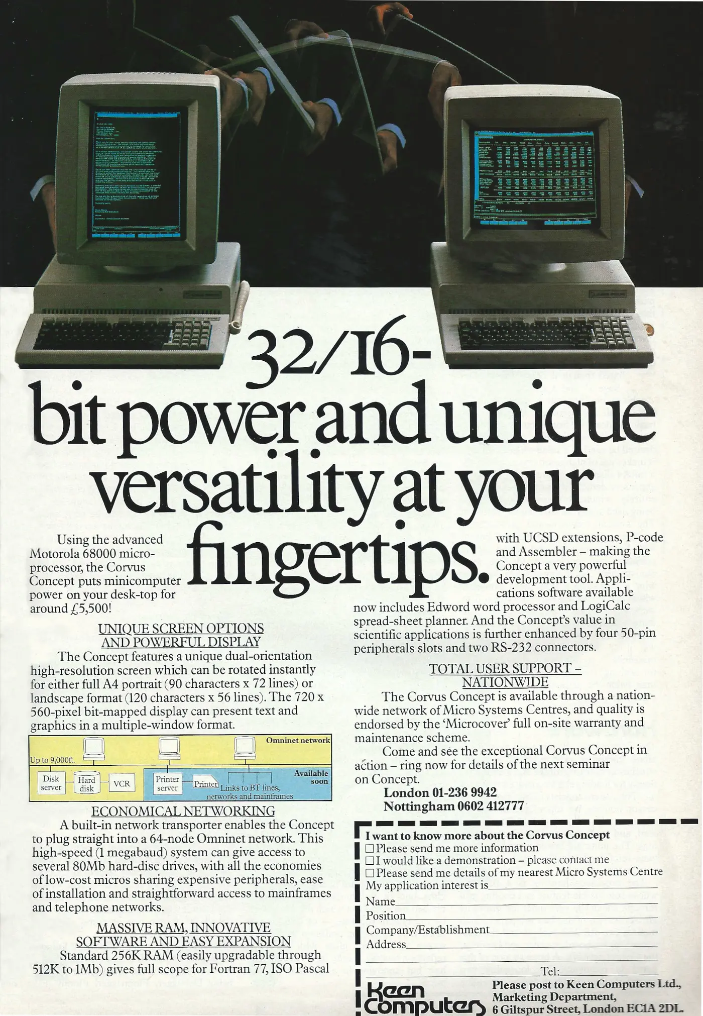 Corvus Advert: 32/16-bit power and unique versatility at your fingertips, from Personal Computer World, March 1983