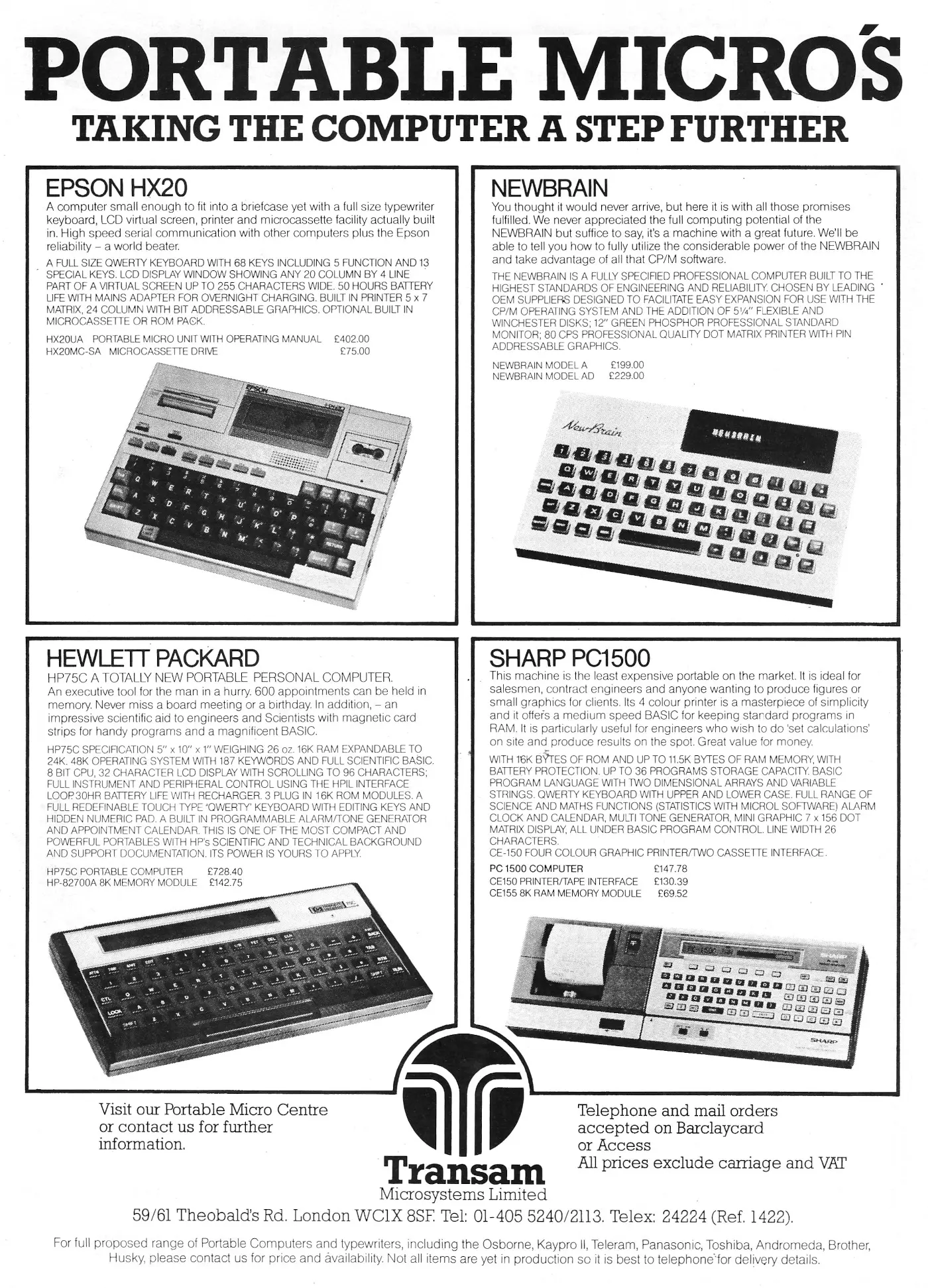 Transam Advert: Portable micros - taking the computer a step further, from Personal Computer World, March 1983